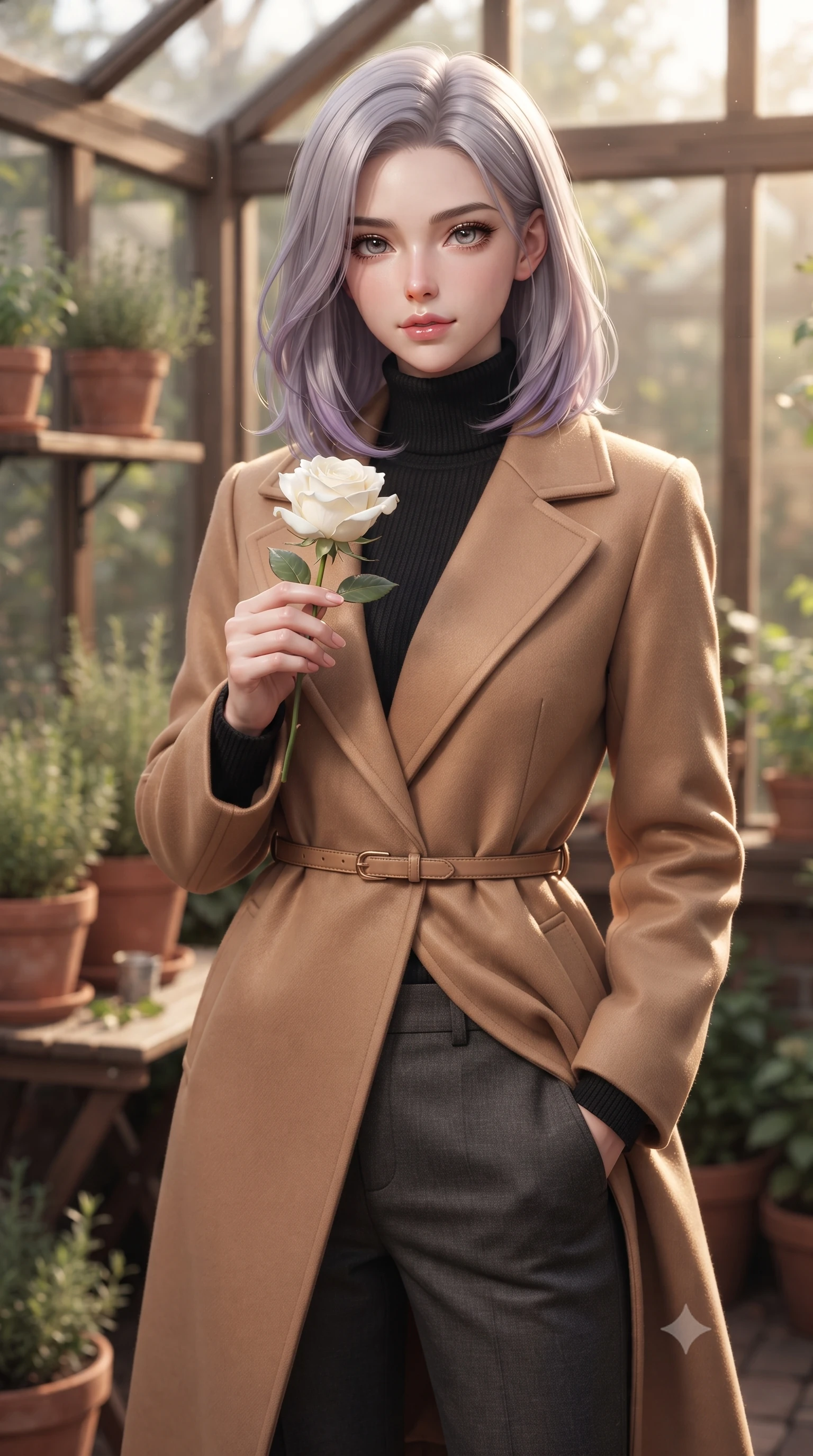 score_9, masterpiece, best quality, ultra-detailed, high-budget anime keyframe, editorial fashion photography, tasteful artistic composition, Caucasian woman woman. close-up cowboy shot from the waist and thighs up, the character dominates the composition, filling the frame with her large presence, background elements kept in soft focus. gazing directly at the viewer with a calm and welcoming expression, holding a fresh flower the background shows a soft-focus a small wooden table inside a cozy garden greenhouse, surrounded by terracotta pots and herbs. She has an exceptionally elegant, slender, and willowy female figure with an ultra-slim waist, a gracefully sculpted slender torso, and a refined silhouette. sharp v-shaped jawline, high-bridge nose, intricate jewel-like eyes with depth, thick eyelashes, glossy lips with a natural sheen. wearing a tailored warm camel-colored wrap coat over a black turtleneck sweater and charcoal slacks. warm, diffused daylight creating a quiet and productive mood. ultra-reflective glossy finish, specular highlights, metallic sheen, high-contrast stereoscopic depth, volumetric dynamic lighting, 2k, ultra detail, master piece, 9:16 ratio