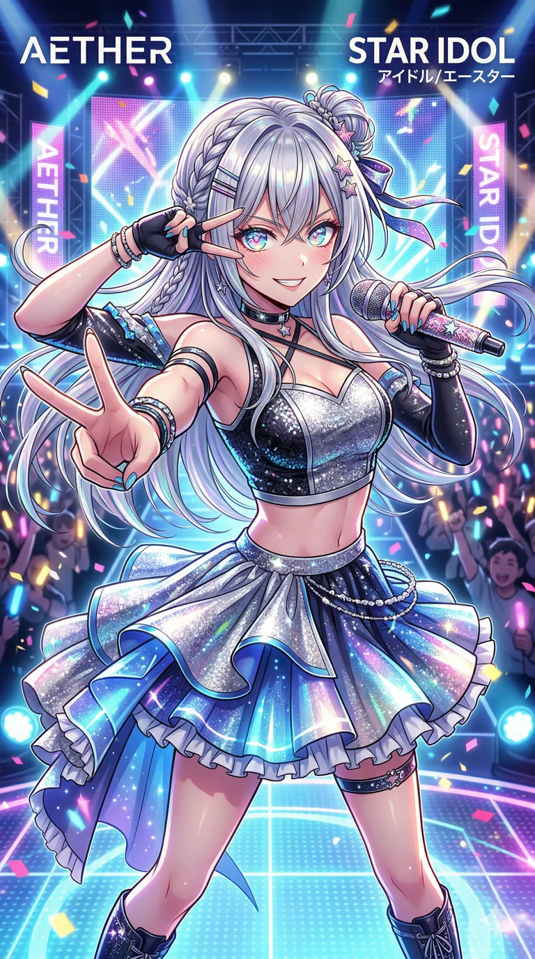 A hyper-realistic live house performance scene with a long-haired Japanese female rock idol in a visual kei aesthetic. She stands confidently on stage with one foot on a speaker, gripping a microphone. Her dark hair moves with her intense performance, illuminated by dramatic stage lighting, and she wears a gothic-inspired outfit. The atmosphere is raw, intense, and electrifying. 4k, ultra detail, master piece, 9:16 ratio