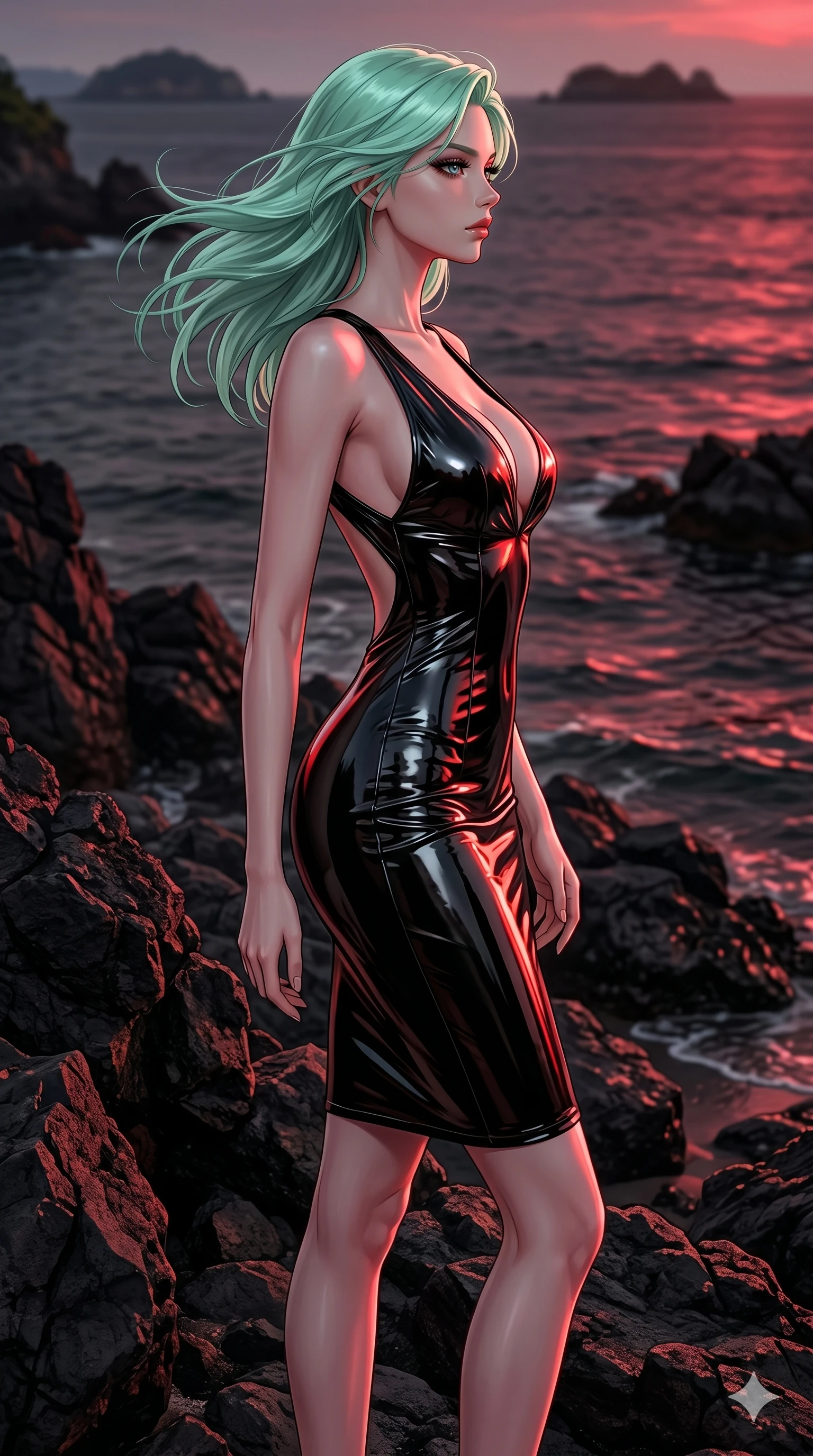 score_9, masterpiece, best quality, ultra-detailed, high-budget anime keyframe, editorial fashion photography, tasteful artistic composition, Japanese woman. cowboy shot from the thighs up, character and outfit filling the frame for maximum editorial presence. standing tall, her face turned in profile to catch the wind, with a composed expression on a secluded beach cove surrounded by dark volcanic rocks (Code-P16-038). She has an absolutely perfect 8-heads proportion, an exceptionally tall and slender female figure with impossibly long slender legs and an ultra-slim waist. V-shaped jawline, high-bridge nose, intricate jewel-like eyes with depth, thick eyelashes, glossy lips with a natural sheen. wearing a wet-look black vinyl dress with a plunging neck and a scooped open back. dramatic crimson theatrical sunset light, casting sharp highlights on every curve. 2k, ultra detail, master piece, 9:16 ratio
