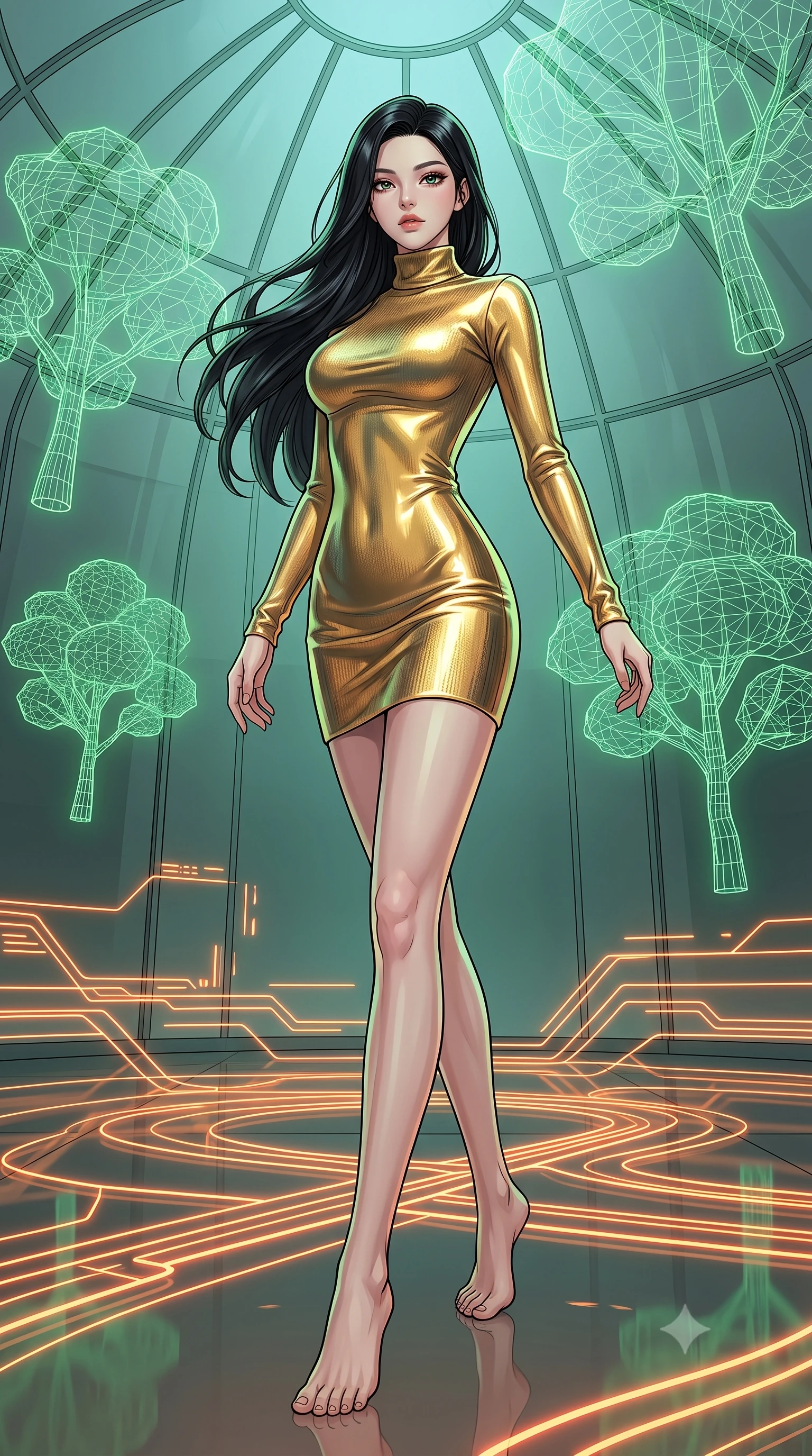 score_9, masterpiece, best quality, ultra-detailed, high-budget anime keyframe, editorial fashion photography, tasteful artistic composition, gorgeous anime illustration, with clean line-art, distinct ink outlines, and high-contrast stereoscopic depth, Korean woman. low angle full-body shot from head to toe showing her feet, filling the entire 9:16 vertical frame with her statuesque presence, stretching her vertical silhouette. navigating with fluid, playful motion through inside a minimalist glass dome with floating green wireframe trees and glowing neon orange status lines tracing the ground. She has a statuesque 8.5-heads proportion, an exceptionally tall, slender and willowy model-like build with impossibly long legs and a highly sculpted ultra-slim waist. sharp v-shaped jawline, high-bridge nose, intricate jewel-like eyes with depth, thick eyelashes, glossy lips with a natural sheen. wearing a long-sleeve fitted turtleneck dress in a shifting gold metallic knit, tracing every line of her slender form. cool green wireframe glow combined with warm neon orange lines, creating a high-tech greenhouse lighting setup. 2k, ultra detail, master piece, 9:16 ratio, highly saturated vibrant anime colors, detailed cel-shading with soft gradients, rich glossy textures, deep contrast, volumetric dynamic lighting, 2d animation style