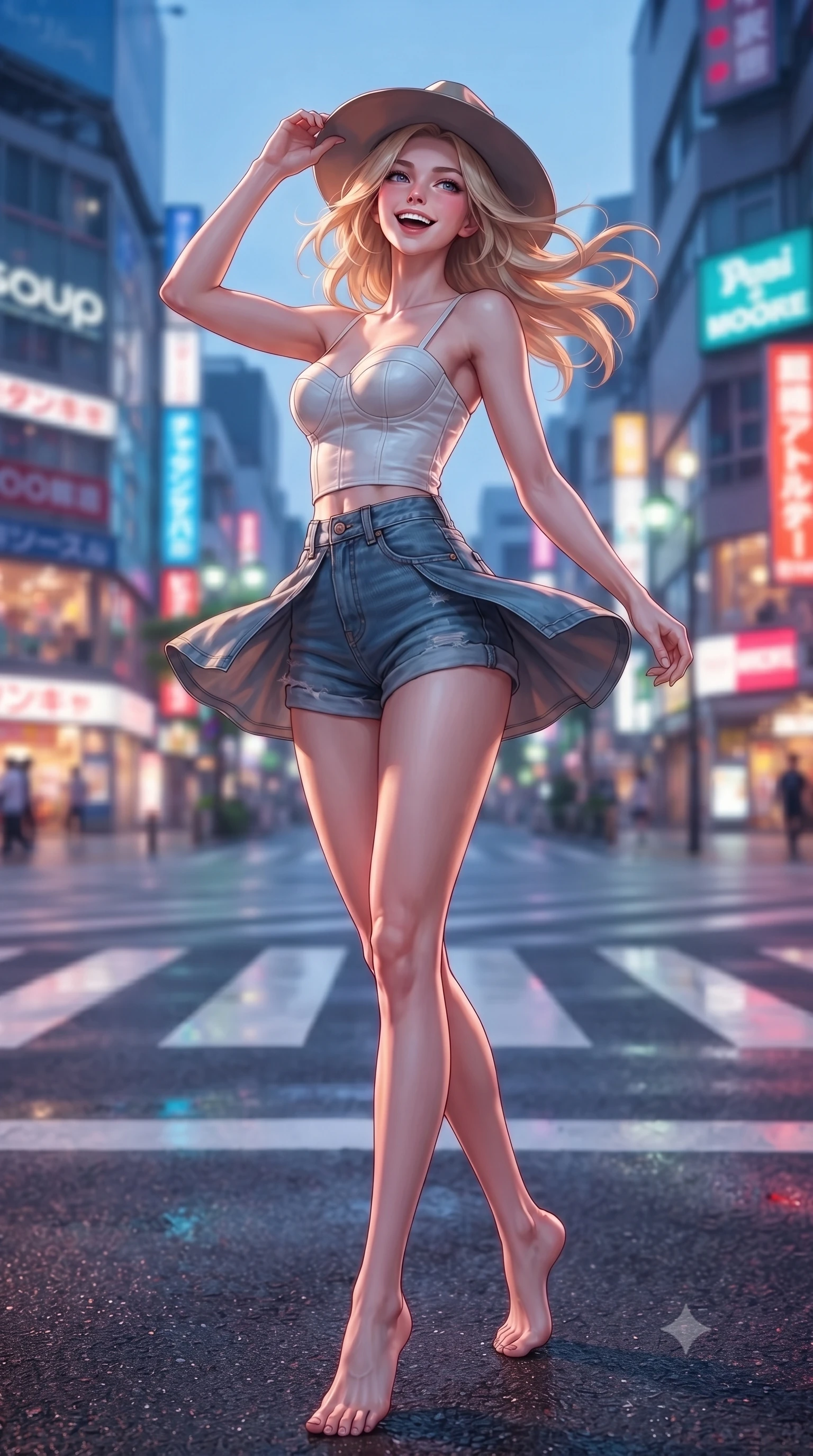 score_9, masterpiece, best quality, ultra-detailed, high-budget anime keyframe, editorial fashion photography, tasteful artistic composition, Caucasian woman. low angle full-body shot from head to toe showing her feet, filling the entire 9:16 vertical frame with her statuesque presence, stretching her vertical silhouette. twirling around with a playful, sensual laugh, her dress fluttering elegantly to accent her waistline set against a soft-focus background of on a modern city street crossing with sleek crosswalk markings and signs adjusting her stylish hat with a bright, confident smile. She has an absolutely perfect, statuesque 8.5-heads proportion, an exceptionally tall and slender model-like female figure with impossibly long slender legs and an ultra-slim waist. sharp v-shaped jawline, high-bridge nose, intricate jewel-like eyes with depth, thick eyelashes, glossy lips with a natural sheen. wearing tailored tailored cotton bustier top paired with high-waist denim shorts. vibrant streetlights and store signs casting dynamic highlights on her form. highly saturated vibrant anime colors, detailed shading with soft gradients, rich glossy textures, high-contrast stereoscopic depth, volumetric dynamic lighting, master piece, 9:16 ratio