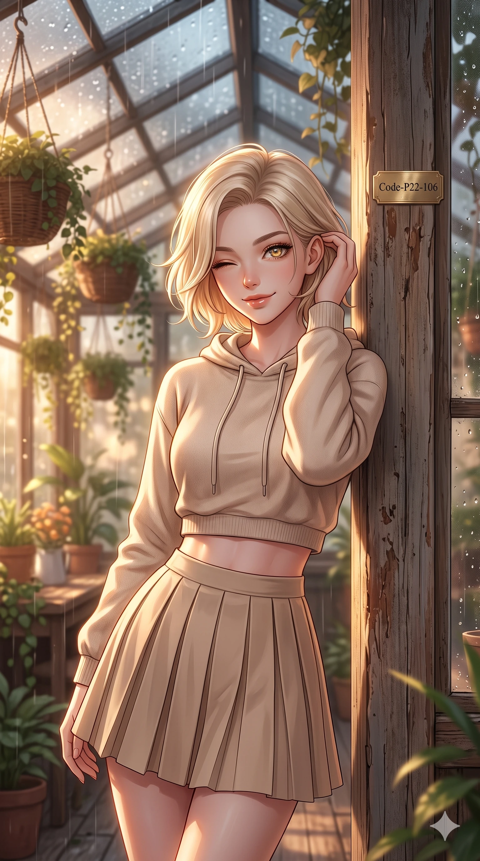 score_9, masterpiece, best quality, ultra-detailed, high-budget anime keyframe, vibrant anime aesthetic, Caucasian woman, strictly human ears. close-up cowboy shot from the waist and thighs up, the character dominates the composition, filling the frame with her large presence, background elements kept in soft focus. She is smiling delightfully while tucking a lock of hair behind her ear, gazing at the camera with sparkling eyes leaning against a rustic wooden column. the background shows a soft-focus spacious greenhouse cafe filled with hanging plants, where rain drums softly on the glass roof panels (Code-P22-106). She has an absolutely perfect proportion, an exceptionally elegant and slender female figure with an ultra-slim waist. V-shaped jawline, high-bridge nose, intricate jewel-like eyes with depth, thick eyelashes, glossy lips with a natural sheen. wearing a cropped hoodie paired with a high-waisted pleated tennis skirt in soft beige. She is bathed in soft, glowing golden hour sun casting long, elegant shadows, highlighting her winking face and glossy lips during the twilight rain. 2k, ultra detail, master piece, 9:16 ratio