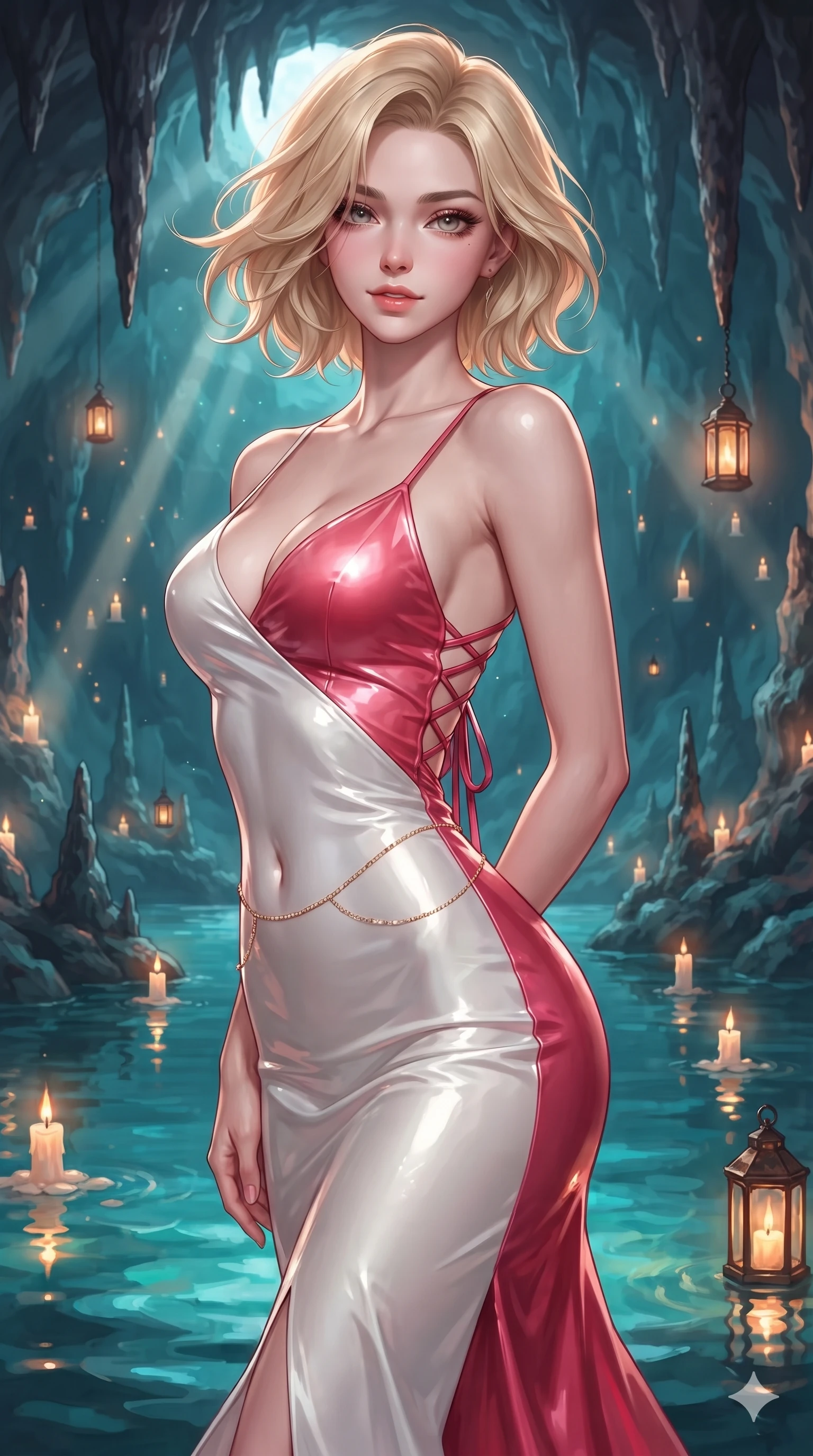 score_9, masterpiece, best quality, ultra-detailed, high-budget anime keyframe, editorial fashion photography, tasteful artistic composition, Caucasian woman. close-up cowboy shot from the waist and thighs up, the character dominates the composition, filling the frame with her large presence. turning slowly with an enchanting smoldering smile, her glossy hair tossing in the breeze as her hips angle gracefully in a captivating contrapposto while twisting her slender torso in an alluring contrapposto stance, floating candle flames and turquoise water reflections tracing her curves. The surrounding environment is rendered in vivid detail and crisp panoramic clarity: sharp stalactite stone ridges, clear turquoise water surface refraction, and candle flame reflections in deep focus. She has an exceptionally elegant, slender, and willowy female figure with an ultra-slim waist, flat toned midriff, narrow ribcage, and sculpted feminine hips creating an alluring, slim hourglass silhouette without bulk. sharp v-shaped jawline, high-bridge nose, sparkling eyes with hypnotic seductive depth, thick curled eyelashes, glossy parted lips with a natural dewy peach sheen, alluring bedroom-eyes with an enchanting coquettish smile, exuding magnetic siren charisma and sophisticated glamour, flawlessly proportioned anatomical accuracy, strict slender model proportions, natural body alignment, perfectly sculpted long slender limbs, ultra-slim waistline, clean dynamic posture without body distortion. wearing a slinky deep sweetheart-neckline silk slip gown with criss-cross back otgoreum ribbon ties in pure snow white and vivid cherry blossom crimson, crafted from wet-look high-gloss vinyl fabric with dazzling specular surface reflections, finished with a dainty gold belly chain resting across her flat midriff and curving hips, the liquid-tight tailored fabric clinging flawlessly to her narrow waist and rounded feminine hips, emphasizing every millimeter of her sculpted slim hourglass curves without any bulky heaviness. bathed in magical horizontal moonbeams penetrating through the cavern mouth meeting warm floating candle lantern glows. ultra-reflective glossy finish, specular highlights, rich textural contrasts, high-contrast stereoscopic depth, volumetric dynamic lighting, 2k, ultra detail, master piece, 9:16 ratio