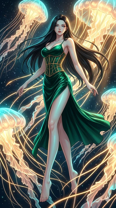 score_9, masterpiece, best quality, ultra-detailed, high-budget anime keyframe, Japanese woman. low angle full-body shot filling the entire 9:16 frame with her statuesque presence, stretching the vertical silhouette. swirling gracefully among the glo