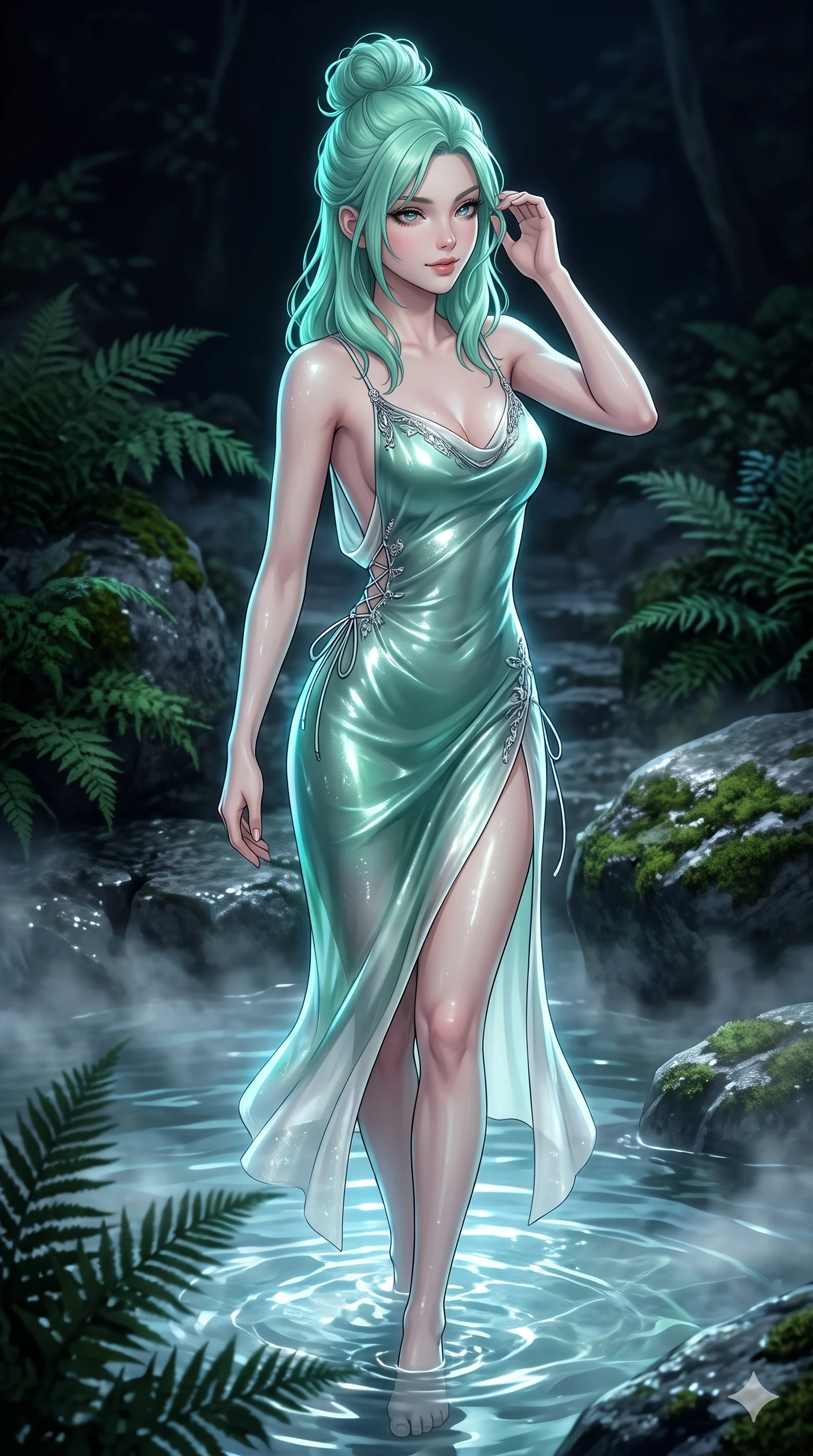 score_9, masterpiece, best quality, ultra-detailed, high-budget anime keyframe, semi-realistic 3D game render, editorial fashion photography, tasteful artistic composition, Japanese woman. close-up cowboy shot from the waist and thighs up, the character dominates the composition, filling the frame with her large presence. gently brushing a lock of silk hair behind her ear while casting a playful, flirtatious side-gaze with long eyelashes while stepping gracefully through the misty spring waters, her long slender legs and curvy hourglass hips commanding the mystical grove. The surrounding environment is rendered in vivid detail and crisp panoramic clarity: sharp wet stone textures, crystal water surface refraction, and soft velvet moss fronds in deep focus. She has an exceptionally elegant, slender, and willowy female figure with an ultra-slim waist, flat toned midriff, narrow ribcage, and sculpted feminine hips creating an alluring, slim hourglass silhouette without bulk. sharp v-shaped jawline, high-bridge nose, sparkling eyes with hypnotic seductive depth, thick curled eyelashes, glossy parted lips with a natural dewy peach sheen, alluring bedroom-eyes with an enchanting coquettish smile, exuding magnetic siren charisma and sophisticated glamour, flawlessly proportioned anatomical accuracy, strict slender model proportions, natural body alignment, perfectly sculpted long slender limbs, ultra-slim waistline, clean dynamic posture without body distortion. wearing a form-contouring gossamer silk chiffon slip dress with hip-high slit and open cowl back clinging with evening mist in moonlit jade green and pure alabaster white with silver accents, crafted from wet-look high-gloss vinyl fabric with dazzling specular surface reflections, featuring fine criss-cross lace-up side ties revealing tantalizing glimpses of her hip curve, the bespoke structured tailoring following the natural line of her 8.5-heads silhouette with refined elegance. illuminated by spring water surface bounce and sharp cyan-aquamarine rim lights defining her razor-sharp jawline, narrow waist, and curvy hips. highly saturated vibrant anime colors, detailed shading with soft gradients, rich glossy textures, high-contrast stereoscopic depth, volumetric dynamic lighting, master piece, 9:16 ratio