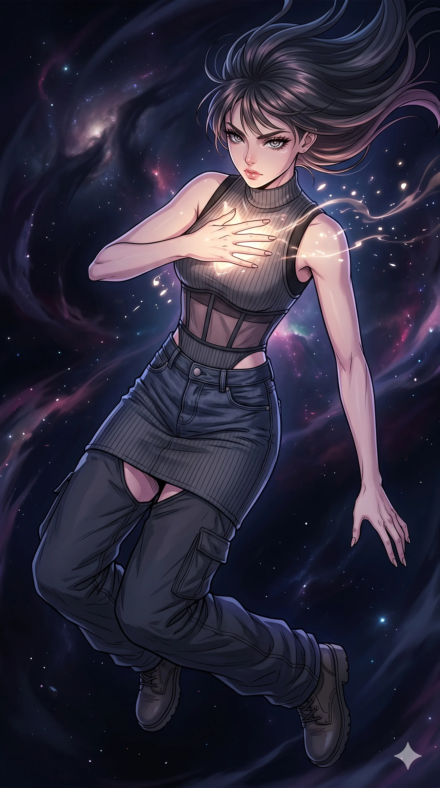 score_9, masterpiece, best quality, ultra-detailed, high-budget anime movie keyframe, cinematic anime lighting, intricate line art, Japanese anime girl. Extreme high angle shot as she leaps towards the camera, filling the frame. shielding her heart with a glowing hand in a dark void. She has an absolutely perfect 8-heads proportion, an exceptionally tall and slender female figure with an ultra-slim waist and impossibly long slender legs. strictly human anatomy, two legs only, no extra limbs, clearly defined legs and arms, perfect anatomy, perfect hands and fingers. sharp v-shaped jawline, high-bridge nose, intricate jewel-like eyes, thick eyelashes, glossy lips. Wearing Urban Trendsetter: Ribbed bodycon dress, crop top with high-waist denim, and sheer corset with cargo pants. The scene is illuminated by dramatic atmospheric lighting and vibrant color palettes. , 2k, ultra detail, master piece, 9:16 ratio
