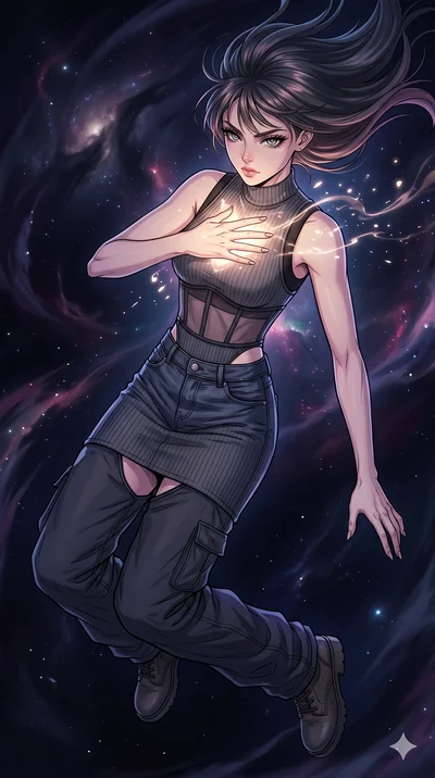 score_9, masterpiece, best quality, ultra-detailed, high-budget anime movie keyframe, cinematic anime lighting, intricate line art, Japanese anime girl. Extreme high angle shot as she leaps towards the camera, filling the frame. shielding her heart w
