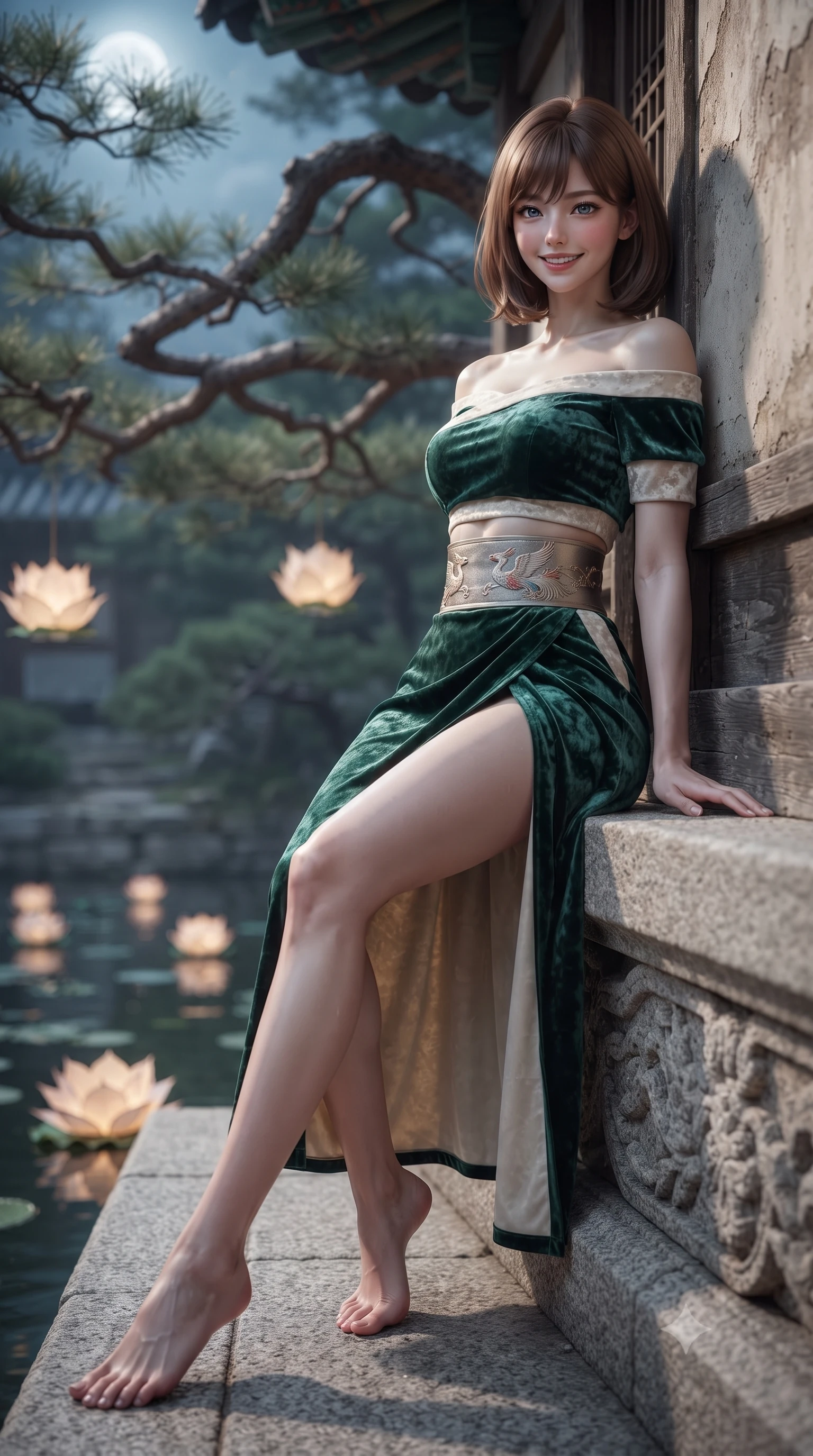score_9, masterpiece, best quality, ultra-detailed, high-budget anime keyframe, editorial fashion photography, tasteful artistic composition, Caucasian woman. low angle full-body shot from head to toe showing her feet, filling the entire 9:16 vertical frame with her statuesque presence, stretching her vertical silhouette. leaning deep against the ancient temple wall with hips cocked back in an unapologetically alluring high-fashion stance, flashing a warm beaming smile while sitting gracefully on the carved granite terrace of Buyongjeong pavilion above the tranquil lotus pond, arching her back with timeless regal grace under cold moonlight. The background shows a soft-focus ancient gnarled pine branches and floating paper lotus lanterns softened in royal Joseon shallow focus. She has an absolutely perfect, statuesque 8.5-heads proportion, an exceptionally tall and slender model-like female figure with impossibly long slender legs, an ultra-slim waist, a flat toned midriff, narrow delicate ribcage, and beautifully sculpted feminine hips creating a graceful, slim hourglass silhouette without any bulky heaviness. sharp v-shaped jawline, high-bridge nose, intricate jewel-like dark sparkling almond eyes with depth, thick lashes, glossy parted lips with a natural rose-plum sheen, bright alluring and coquettish smile with bedroom-eyes, exuding both timeless oriental elegance and sovereign high-fashion allure, flawlessly proportioned anatomical accuracy, strict slender model proportions, natural body alignment, perfectly sculpted long slender limbs, ultra-slim waistline, clean dynamic posture without body distortion. wearing a modern two-piece fusion set with an off-shoulder crop blouse and high-slit wrap skirt tracing her curvaceous hips in fresh bamboo emerald and soft oatmeal cream, crafted from sumptuous crushed winter velvet with deep light-absorbing plushness, finished with a wide metallic obi sash with intricate embroidered phoenix motifs, the precision-cut side hip slits and low-back scoop framing her graceful spine and the sensual sweep of her slim, toned hips. illuminated by warm paper lantern reflections on the pond water and sharp platinum rim lights defining her razor-sharp jawline, narrow waist, and curvy hips. ultra-reflective glossy finish, specular highlights, rich textural contrasts, high-contrast stereoscopic depth, volumetric dynamic lighting, 2k, ultra detail, master piece, 9:16 ratio