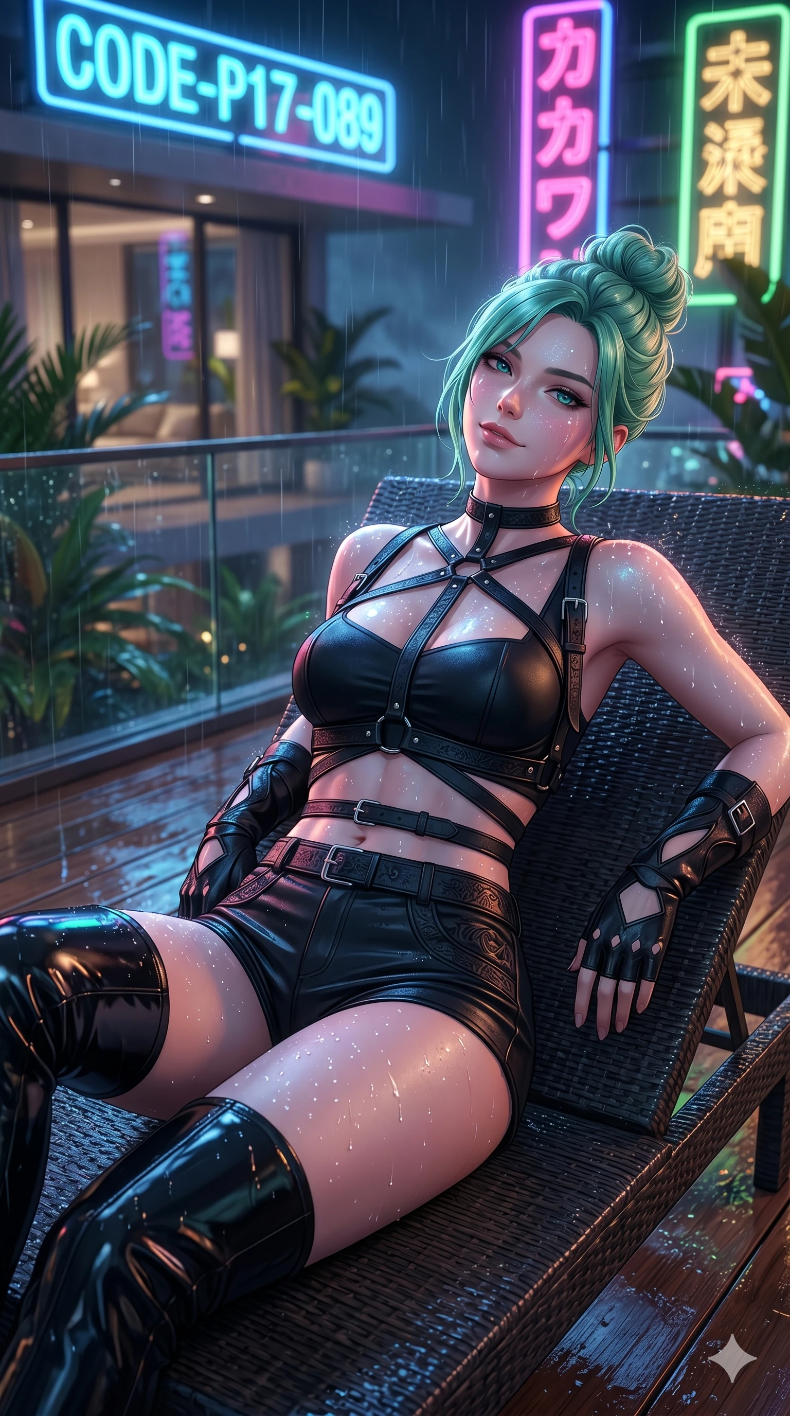 score_9, masterpiece, best quality, ultra-detailed, high-budget anime keyframe, editorial fashion photography, tasteful artistic composition, Japanese woman. cowboy shot from the thighs up, character and outfit filling the frame for maximum editorial presence. leaning back on a lounge chair, tilting her chin up with a relaxed, confident half-smile on a private teak deck of a luxury beach villa (Code-P17-089). She has an absolutely perfect 8-heads proportion, an exceptionally tall and slender female figure with impossibly long slender legs and an ultra-slim waist. V-shaped jawline, high-bridge nose, intricate jewel-like eyes with depth, thick eyelashes, glossy lips with a natural sheen. wearing a leather harness over a crop top and micro-shorts. neon lights refracting through the rain droplets, creating a sparkling, wet glow on her. 2k, ultra detail, master piece, 9:16 ratio