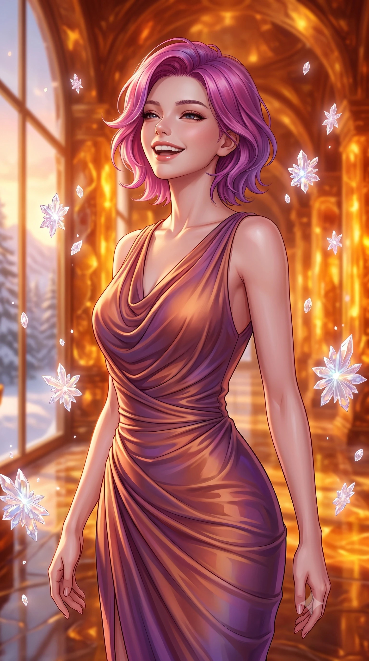 score_9, masterpiece, best quality, ultra-detailed, high-budget anime keyframe, editorial fashion photography, tasteful artistic composition, Caucasian woman, strictly human ears. close-up cowboy shot from the waist and thighs up, the character dominates the composition, filling the frame with her large presence, background elements kept in soft focus. Gently laughing with her head tilted back slightly in relaxed joy. set against a soft-focus background of standing inside a grand corridor of a palace made entirely of warm fossilized amber in a snowy pine mountain valley, glowing from within during a winter sunset. She has an exceptionally elegant, slender, and willowy female figure with a highly-defined ultra-slim waist, a gracefully sculpted slender torso, and a refined slim-fit silhouette that contours her form. sharp v-shaped jawline, high-bridge nose, intricate jewel-like eyes with depth, thick eyelashes, glossy lips with a natural sheen. wearing a draped jersey dress in a shifting copper and violet gradient, the fluid fabric clinging to her slender waist with every movement. ethereal pearlescent light emanating from floating crystalline formations all around. 2k, ultra detail, master piece, 9:16 ratio