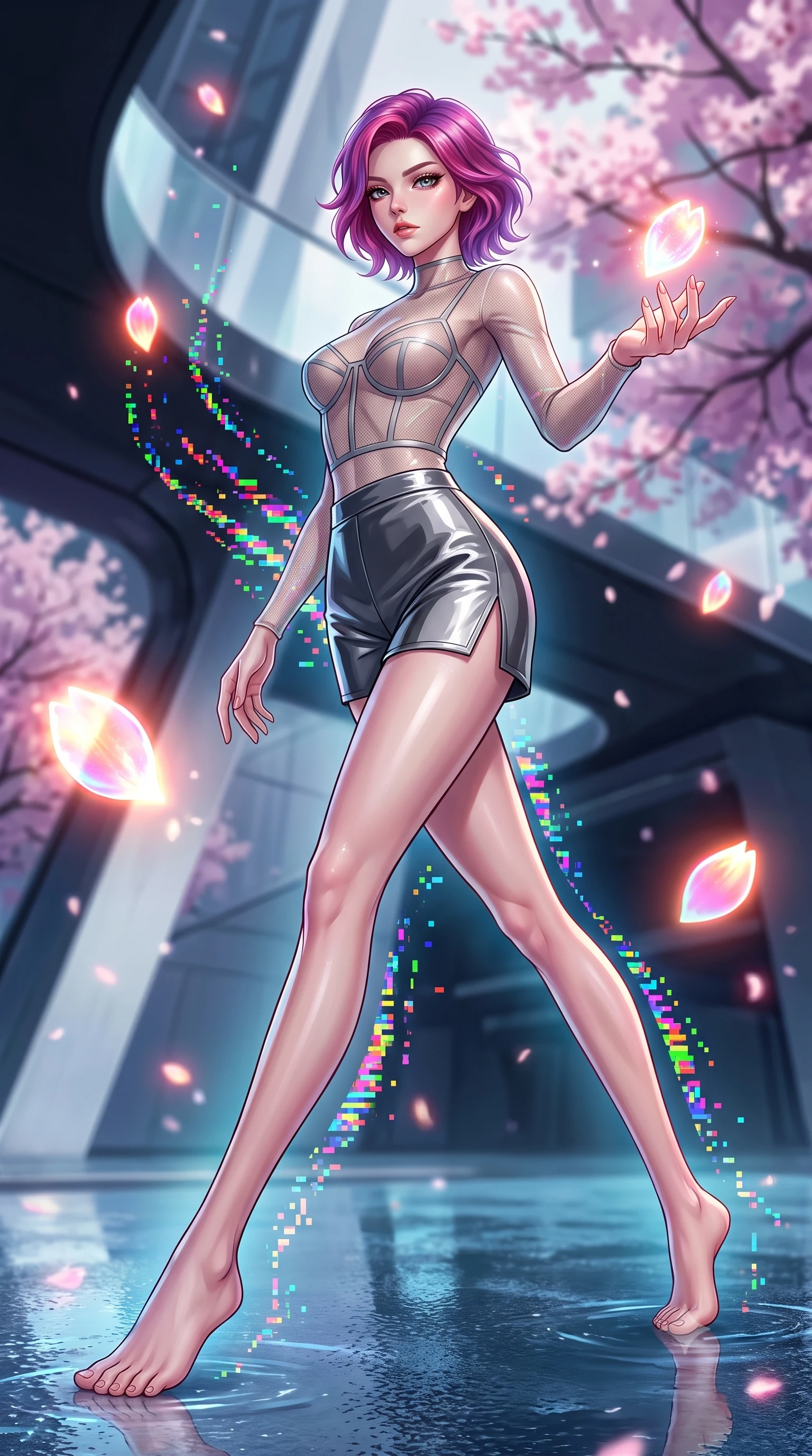 score_9, masterpiece, best quality, ultra-detailed, high-budget anime keyframe, editorial fashion photography, tasteful artistic composition, Caucasian woman. low angle full-body shot from head to toe showing her feet, filling the entire 9:16 vertical frame with her statuesque presence, stretching her vertical silhouette. forging dynamically through the scene with her long slender legs and ultra-slim waist creating a sweeping S-curve while reaching forward with one hand to catch a glowing holographic sakura petal, RGB glitch noise patterns casting colorful pixel trails along her movement. She has an absolutely perfect, statuesque 8.5-heads proportion, an exceptionally tall and slender model-like female figure with impossibly long slender legs and an ultra-slim waist. sharp v-shaped jawline, high-bridge nose, intricate jewel-like eyes with depth, thick eyelashes, glossy lips with a natural sheen, flawlessly proportioned anatomical accuracy, natural body alignment, perfectly sculpted elegant limbs, clean dynamic posture without body distortion. wearing a delicate see-through mesh top with structured cup boning and micro-shorts in charcoal grey and platinum, tailored from high-gloss patent leather, finished with a sleek side slit ascending to mid-thigh, the glove-like fit emphasizing her statuesque silhouette during motion. illuminated by glowing holographic sakura radiance and wet specular reflections. highly saturated vibrant anime colors, detailed shading with soft gradients, rich glossy textures, high-contrast stereoscopic depth, volumetric dynamic lighting, master piece, 9:16 ratio