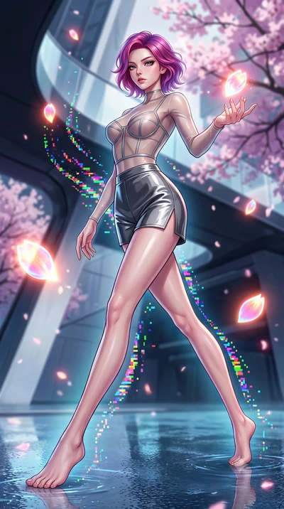 score_9, masterpiece, best quality, ultra-detailed, high-budget anime keyframe, editorial fashion photography, tasteful artistic composition, Caucasian woman. low angle full-body shot from head to toe showing her feet, filling the entire 9:16 vertica