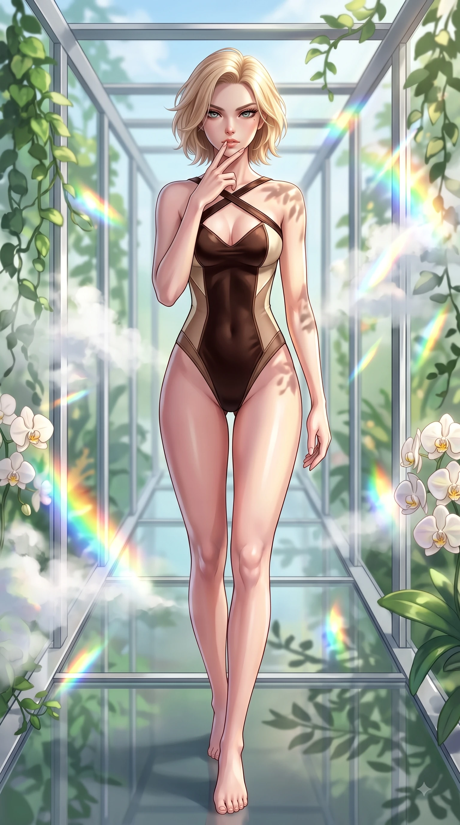 score_9, masterpiece, best quality, ultra-detailed, high-budget anime keyframe, editorial fashion photography, tasteful artistic composition, Caucasian woman. close-up cowboy shot from the waist and thighs up, the character dominates the composition, filling the frame with her large presence, background elements kept in soft focus. Resting two fingers near her glossy lips, casting a sharp mysterious side-gaze during her dynamic motion while walking along a platinum-framed glass walkway flanked by lush green vines and white orchids, steam clouds refracting sunlight into brilliant rainbow prisms around her form. She has an exceptionally elegant, slender, and willowy female figure with an ultra-slim waist, a gracefully sculpted slender torso, and a refined silhouette. sharp v-shaped jawline, high-bridge nose, intricate jewel-like eyes with depth, thick eyelashes, glossy lips with a natural sheen, flawlessly proportioned anatomical accuracy, natural body alignment, perfectly sculpted elegant limbs, clean dynamic posture without body distortion. wearing a delicate see-through mesh top with structured cup boning and micro-shorts in espresso brown and warm cream, made of premium stretch velvet with a rich sheen, complemented by criss-cross back straps highlighting her bare shoulders, the sleek second-skin texture accentuating her magnetic presence. illuminated by brilliant sunbeams casting organic leaf stencil shadows. highly saturated vibrant anime colors, detailed shading with soft gradients, rich glossy textures, high-contrast stereoscopic depth, volumetric dynamic lighting, master piece, 9:16 ratio