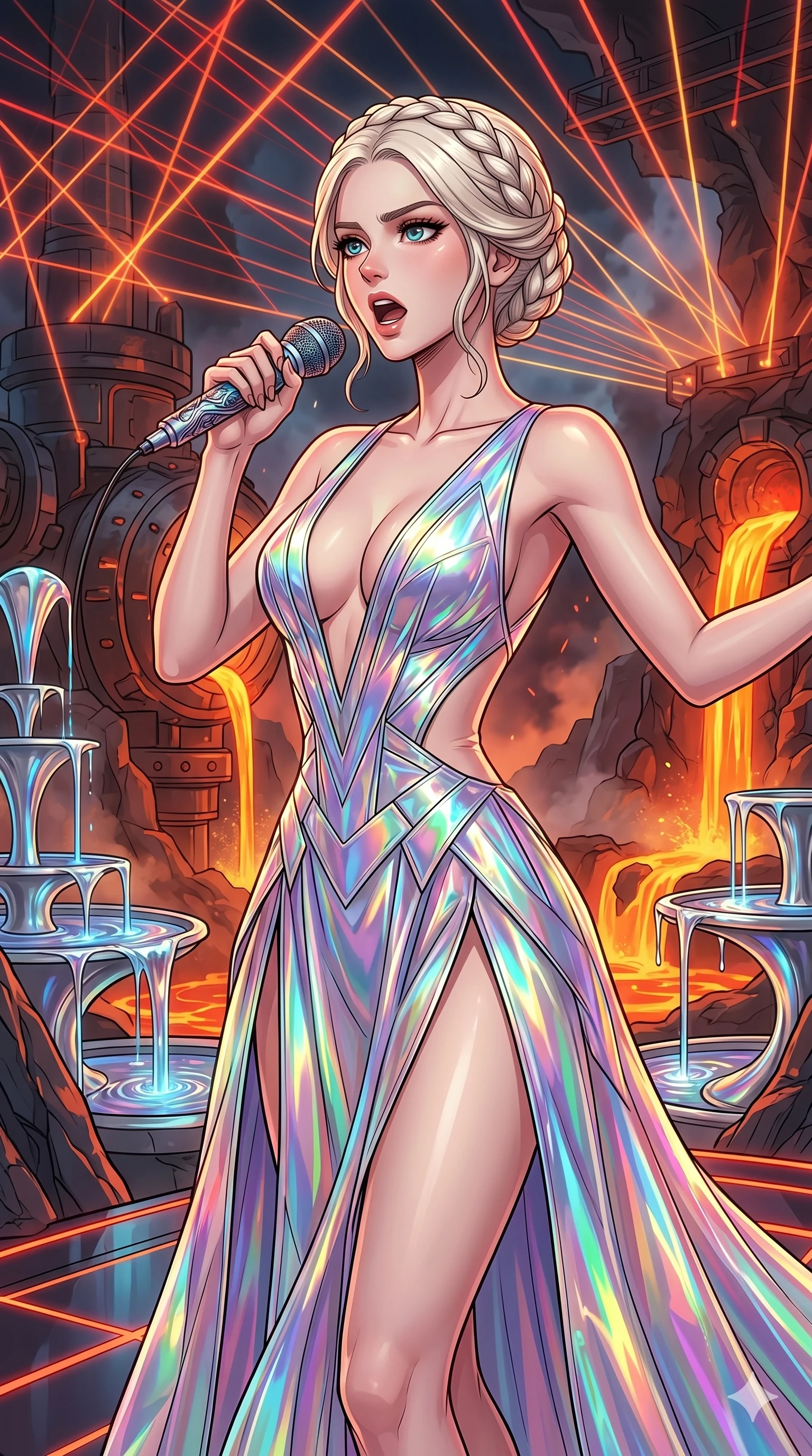 score_9, masterpiece, best quality, ultra-detailed, high-budget anime movie keyframe, cinematic anime lighting, intricate line art, Caucasian (strictly human ears) anime girl. Medium shot of upper body capturing the intricate details of her high-fashion attire. singing on a laser stage in a volcanic lava forge with liquid mercury fountains. She has an absolutely perfect 8-heads proportion, an exceptionally tall and slender female figure with an ultra-slim waist and impossibly long slender legs. sharp v-shaped jawline, high-bridge nose, intricate jewel-like eyes, thick eyelashes, glossy lips. Wearing avant-garde high-fashion gown made of iridescent vinyl with a dangerously high side slit and a plunging neckline, revealing an ultra-slim waist and long slender legs. The scene is illuminated by dramatic atmospheric lighting and vibrant color palettes. 2k, ultra detail, master piece, 9:16 ratio