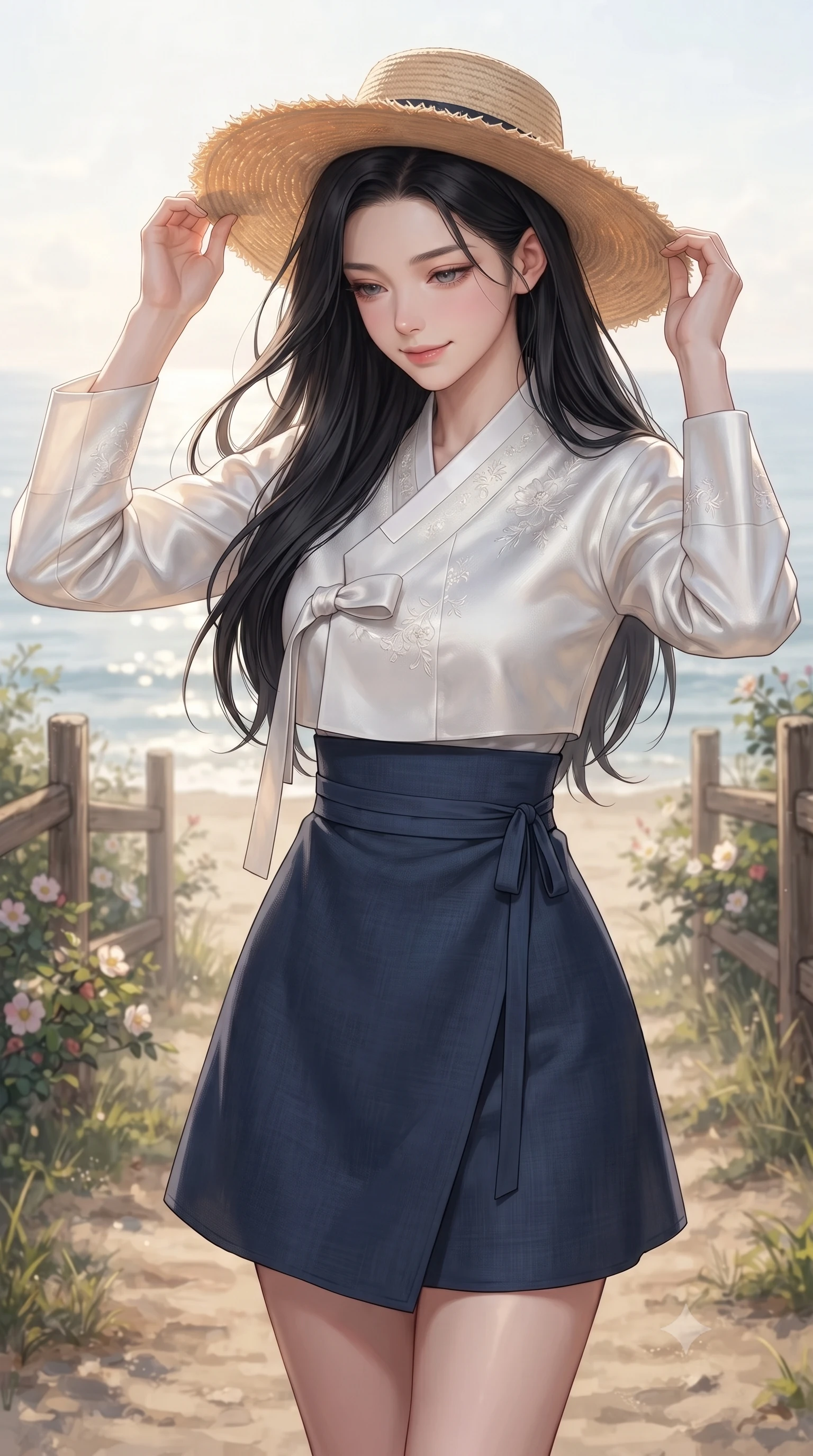 score_9, masterpiece, best quality, ultra-detailed, high-budget anime keyframe, editorial fashion photography, tasteful artistic composition, Korean woman woman. close-up cowboy shot from the waist and thighs up, the character dominates the composition, filling the frame with her large presence, background elements kept in soft focus. holding a wide-brimmed straw hat with both hands against the breeze, looking down with a soft smile the background shows a soft-focus a simple sandy path bordered by rustic wooden fences and wild rose bushes leading to the sea. She has an exceptionally elegant, slender, and willowy female figure with an ultra-slim waist, a gracefully sculpted slender torso, and a refined silhouette. sharp v-shaped jawline, high-bridge nose, intricate jewel-like eyes with depth, thick eyelashes, glossy lips with a natural sheen. wearing a slim-fit modern fusion hanbok wrap skirt in navy blue linen, paired with a white silk jeogori. soft morning sunrays creating a fresh and serene atmosphere. ultra-reflective glossy finish, specular highlights, metallic sheen, high-contrast stereoscopic depth, volumetric dynamic lighting, 2k, ultra detail, master piece, 9:16 ratio