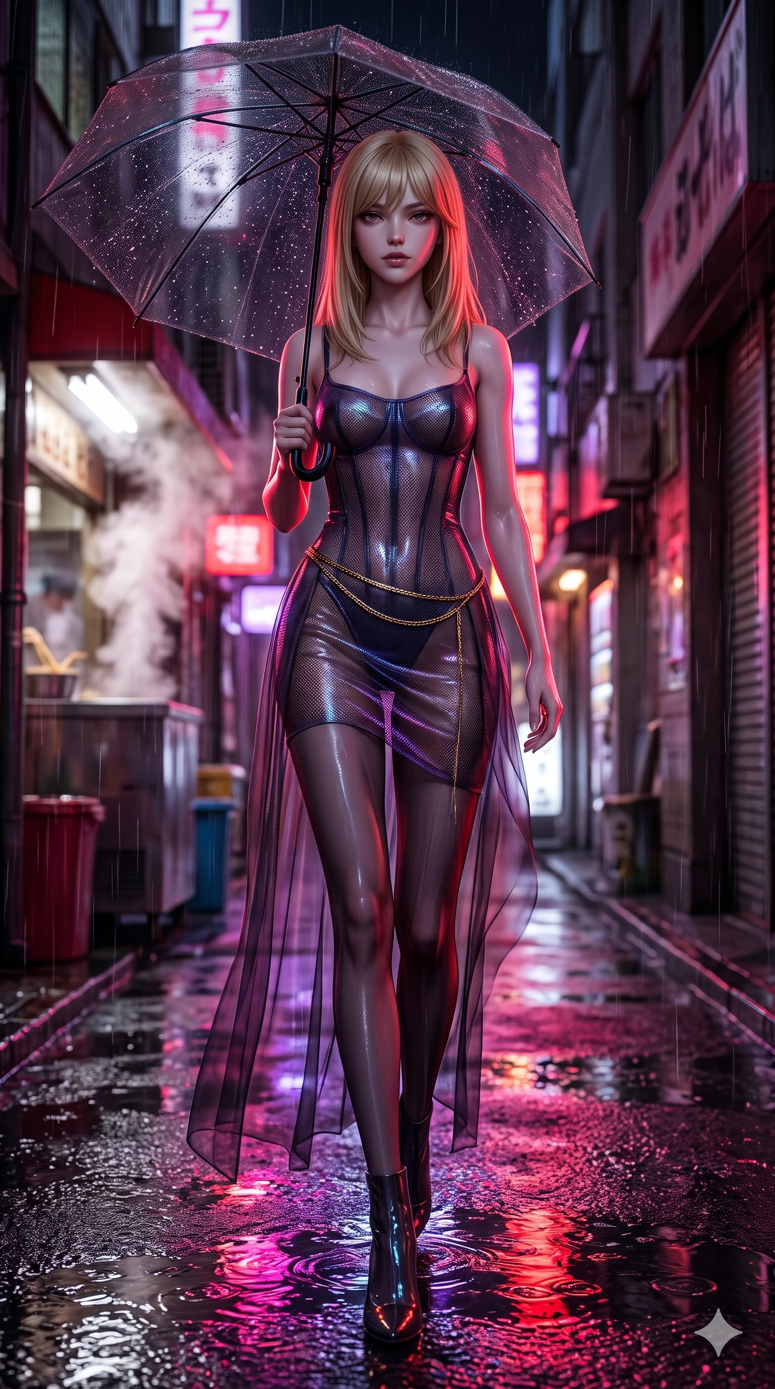 score_9, masterpiece, best quality, ultra-detailed, high-budget anime keyframe, semi-realistic 3D game render, editorial fashion photography, tasteful artistic composition, Japanese woman. low angle full-body shot from head to toe showing her feet, filling the entire 9:16 vertical frame with her statuesque presence, stretching her vertical silhouette. stepping forward into the rain-streaked neon light, head tilted slightly as her smoldering gaze captivates the lens while walking dynamically down the glistening wet asphalt alley beneath a translucent black umbrella, hips swaying gracefully in a captivating supermodel rhythm. The background shows a soft-focus steaming noodle bar vents and wet Tokyo alley facades softened in rainy night shallow focus. She has an exceptionally tall and slender model-like 8.5-heads proportion, an ultra-slim waist, a flat toned midriff, narrow delicate ribcage, and beautifully sculpted feminine hips creating a graceful, slim hourglass silhouette without any bulky heaviness, with impossibly long slender legs. sharp v-shaped jawline, high-bridge nose, intricate jewel-like dark sparkling eyes with dangerous depth, thick curled eyelashes, glossy parted lips with a rich wine sheen, smoldering seductive half-smile with bedroom-eyes, exuding effortless superiority and intoxicating dark allure, flawlessly proportioned anatomical accuracy, strict slender model proportions, natural body alignment, perfectly sculpted long slender limbs, ultra-slim waistline, clean dynamic posture without body distortion. wearing a translucent iridescent micro-mesh corset dress with wet-look second-skin cling tracing her feminine curves in ultraviolet neon and dark rain-soaked shadow tones, made of sheer gossamer chiffon that drapes softly against skin with airy translucence, finished with a delicate gold snake chain belt resting loosely across her curvy hips, the liquid-tight tailored fabric clinging flawlessly to her narrow waist and rounded feminine hips, emphasizing every millimeter of her sculpted slim hourglass curves without any bulky heaviness. illuminated by wet pavement neon puddle bounce and sharp scarlet-magenta rim lights sculpting her razor-sharp jawline, narrow waist, and curvy hips. highly saturated vibrant anime colors, detailed shading with soft gradients, rich glossy textures, high-contrast stereoscopic depth, volumetric dynamic lighting, master piece, 9:16 ratio