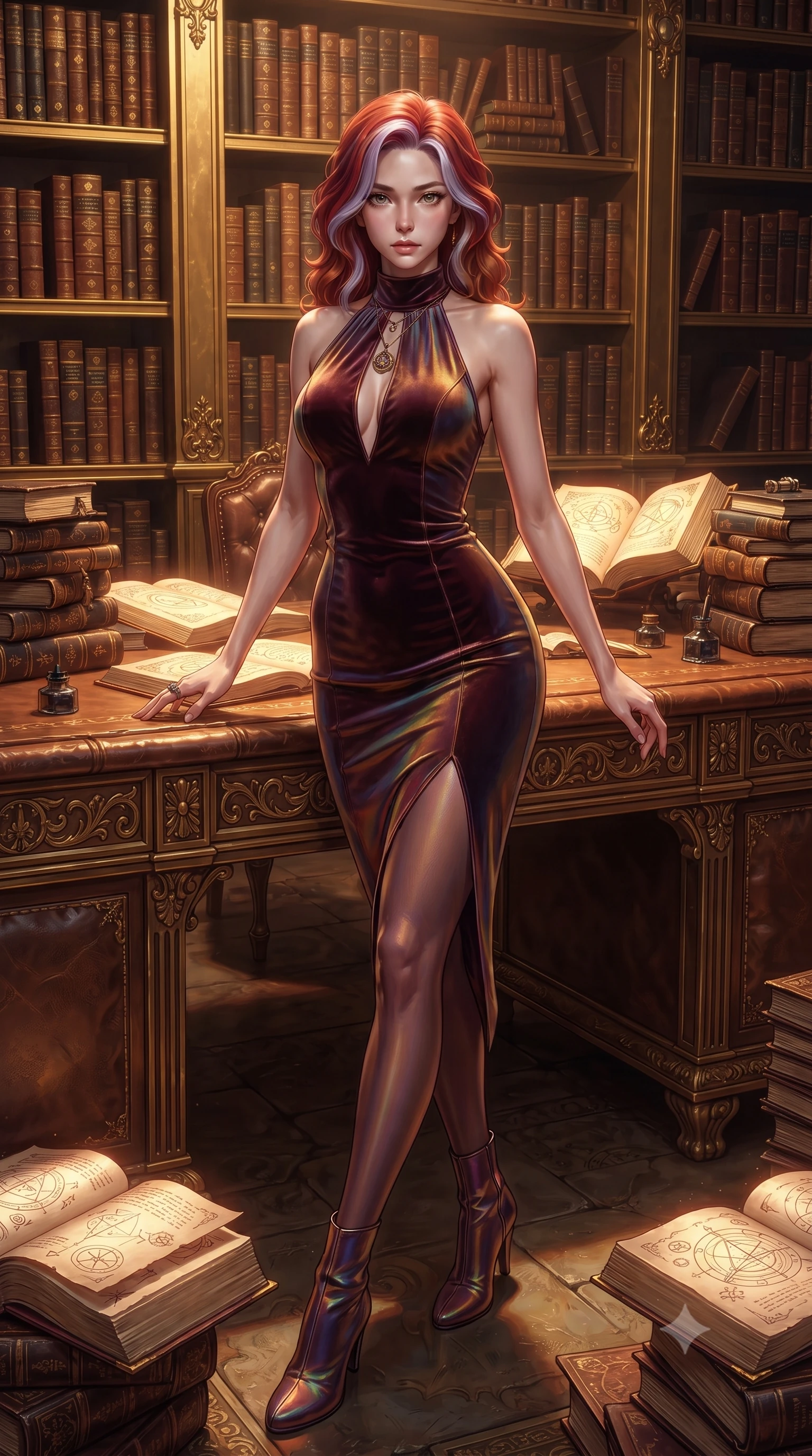 score_9, masterpiece, best quality, ultra-detailed, high-budget anime keyframe, editorial fashion photography, tasteful artistic composition, Caucasian woman. low angle full-body shot from head to toe showing her feet, filling the entire 9:16 vertical frame with her statuesque presence, stretching her vertical silhouette. forging dynamically through the scene, her vertical silhouette beautifully stretched resting against an ornate leather reading desk amidst glowing spell folios, thousands of antique leather-bound books stacked along majestic golden shelves. She has an absolutely perfect, statuesque 8.5-heads proportion, an exceptionally tall and slender model-like female figure with impossibly long slender legs and an ultra-slim waist. sharp v-shaped jawline, high-bridge nose, intricate jewel-like eyes with depth, thick eyelashes, glossy lips with a natural sheen. wearing a velvet halter-neck midi dress following her form like a glove in deep burgundy and bronze, crafted from iridescent chiffon that shifts colors in the light, accented with a Tasteful chest slit framing her clavicle gracefully, the form-contouring material highlighting her ultra-slim waist and long lines. surrounded by a scholarly, opulent aura with warm chiaroscuro contrast. ultra-reflective glossy finish, specular highlights, metallic sheen, high-contrast stereoscopic depth, volumetric dynamic lighting, 2k, ultra detail, master piece, 9:16 ratio