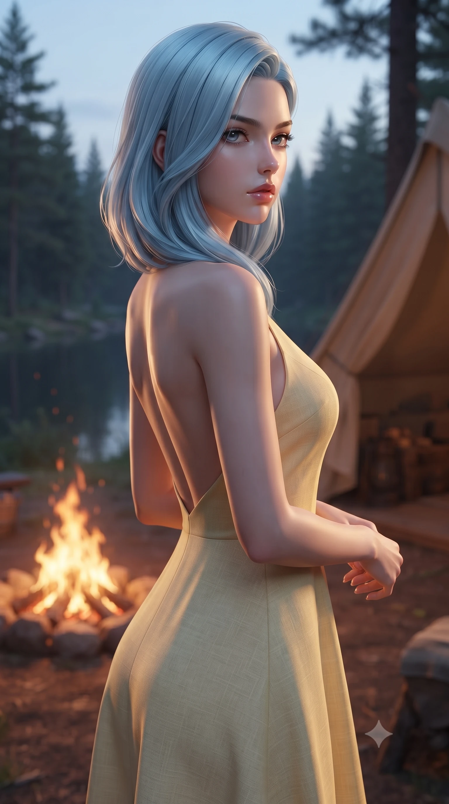 score_9, masterpiece, best quality, ultra-detailed, high-budget anime keyframe, editorial fashion photography, tasteful artistic composition, Korean woman. close-up cowboy shot from the waist and thighs up, the character dominates the composition, filling the frame with her large presence, background elements kept in soft focus. turning her face in sharp profile, casting a cold, mysterious, yet intensely alluring side gaze, the background shows a soft-focus a luxury canvas tent porch next to a quiet forest lake surrounded by pine trees. She has an exceptionally elegant, slender, and willowy female figure with an ultra-slim waist, a gracefully sculpted slender torso, and a refined silhouette. sharp v-shaped jawline, high-bridge nose, intricate jewel-like eyes with depth, thick eyelashes, glossy lips with a natural sheen. wearing a tailored backless summer sundress in pale yellow linen, showing her elegant shoulder blades. warm flickering flame light from a nearby campfire casting cozy shadows. ultra-reflective glossy finish, specular highlights, metallic sheen, high-contrast stereoscopic depth, volumetric dynamic lighting, 2k, ultra detail, master piece, 9:16 ratio
