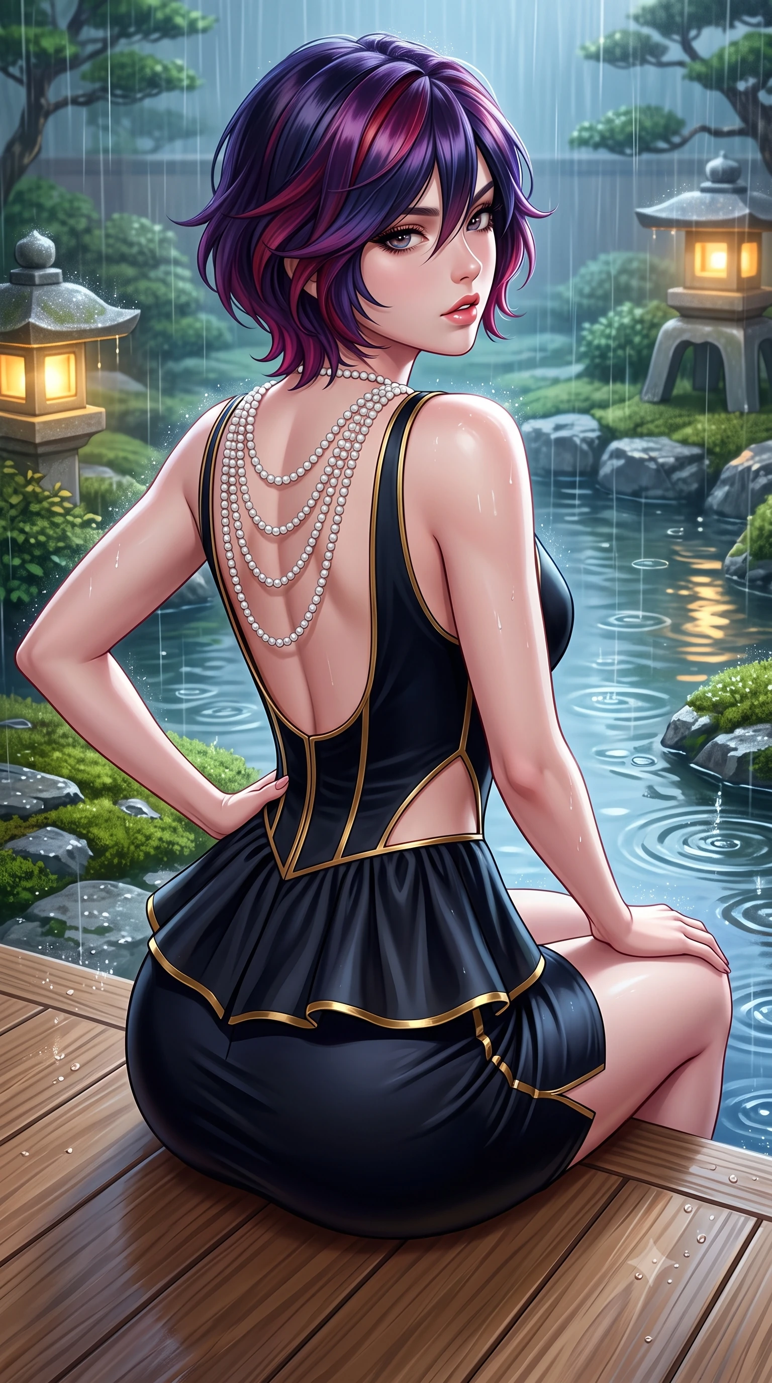 score_9, masterpiece, best quality, ultra-detailed, high-budget anime keyframe, semi-realistic 3D game render, editorial fashion photography, tasteful artistic composition, Korean woman. close-up cowboy shot from the waist and thighs up, the character dominates the composition, filling the frame with her large presence. posing in an alluring rear three-quarter angle, arching her lower back in a pronounced S-curve with one hand on her hip, glancing seductively over her bare shoulder with parted glossy lips while perching on the smooth cedar engawa veranda with knees drawn up, looking back over her shoulder as gentle rain taps the moss garden. The surrounding environment is rendered in vivid detail and crisp panoramic clarity. detailed silk kimono weave, garden pond ripple caustics, and water droplet clarity in high resolution. She has an exceptionally elegant, slender, and willowy female figure with an ultra-slim waist, flat toned midriff, narrow ribcage, and sculpted feminine hips creating an alluring, slim hourglass silhouette without bulk. sharp v-shaped jawline, high-bridge nose, intricate jewel-like eyes with depth, thick eyelashes, glossy parted lips with a natural sheen, intensely captivating and seductive bedroom-eyes expression, flawlessly proportioned anatomical accuracy, strict slender model proportions, natural body alignment, perfectly sculpted long slender limbs, ultra-slim waistline, clean dynamic posture without body distortion. wearing a modern peplum corset dress with side-waist diamond cutouts and an ultra-tight silhouette in midnight obsidian black and liquid gold, made of fluid silk crepe with delicate inner corsetry boning, accented with a multi-strand pearl back necklace cascading down her bare spine to her hips, the dramatically scooped open back descending to the base of her spine, accentuating her razor-sharp statuesque lines and slim hourglass silhouette. bathed in soft rain-drenched cool ambient daylight and warm golden stone lantern downlights. highly saturated vibrant anime colors, detailed shading with soft gradients, rich glossy textures, high-contrast stereoscopic depth, volumetric dynamic lighting, master piece, 9:16 ratio