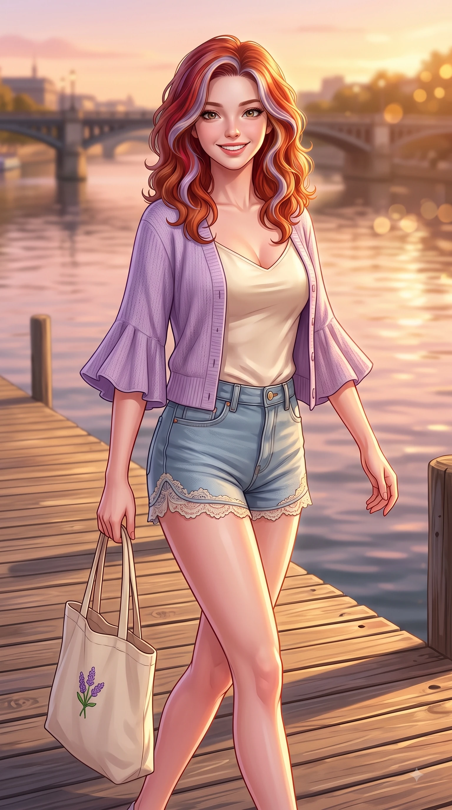 score_9, masterpiece, best quality, ultra-detailed, high-budget anime keyframe, editorial fashion photography, tasteful artistic composition, Caucasian woman. close-up cowboy shot from the waist and thighs up, the character dominates the composition, filling the frame with her large presence. Gazing directly into the camera with a fresh, infectious smile as her torso curves dynamically in mid-stride while pivoting in a happy stride along a sunlit wooden pier overlooking calm river waters. The composition keeps background elements in soft focus with dreamy bokeh. rose-gold river reflections and distant city bridges blurred into warm golden evening bokeh. She has an exceptionally elegant, slender, and willowy female figure with an ultra-slim waist, a gracefully sculpted slender torso, and a refined silhouette. sharp v-shaped jawline, high-bridge nose, intricate jewel-like eyes with depth, thick eyelashes, glossy lips with a natural sheen, flawlessly proportioned anatomical accuracy, natural body alignment, perfectly sculpted elegant limbs, clean dynamic posture without body distortion. wearing a soft lavender knit cardigan worn over a simple cream silk camisole and light-wash denim shorts in baby blue and cloud white, woven with delicate eyelet lace and soft cotton, featuring elegant flutter sleeves and a graceful square neckline, the tailored casual silhouette highlighting her fresh and youthful presence. surrounded by a serene, uplifting, and romantic park ambiance. highly saturated vibrant anime colors, detailed shading with soft gradients, rich glossy textures, high-contrast stereoscopic depth, volumetric dynamic lighting, master piece, 9:16 ratio