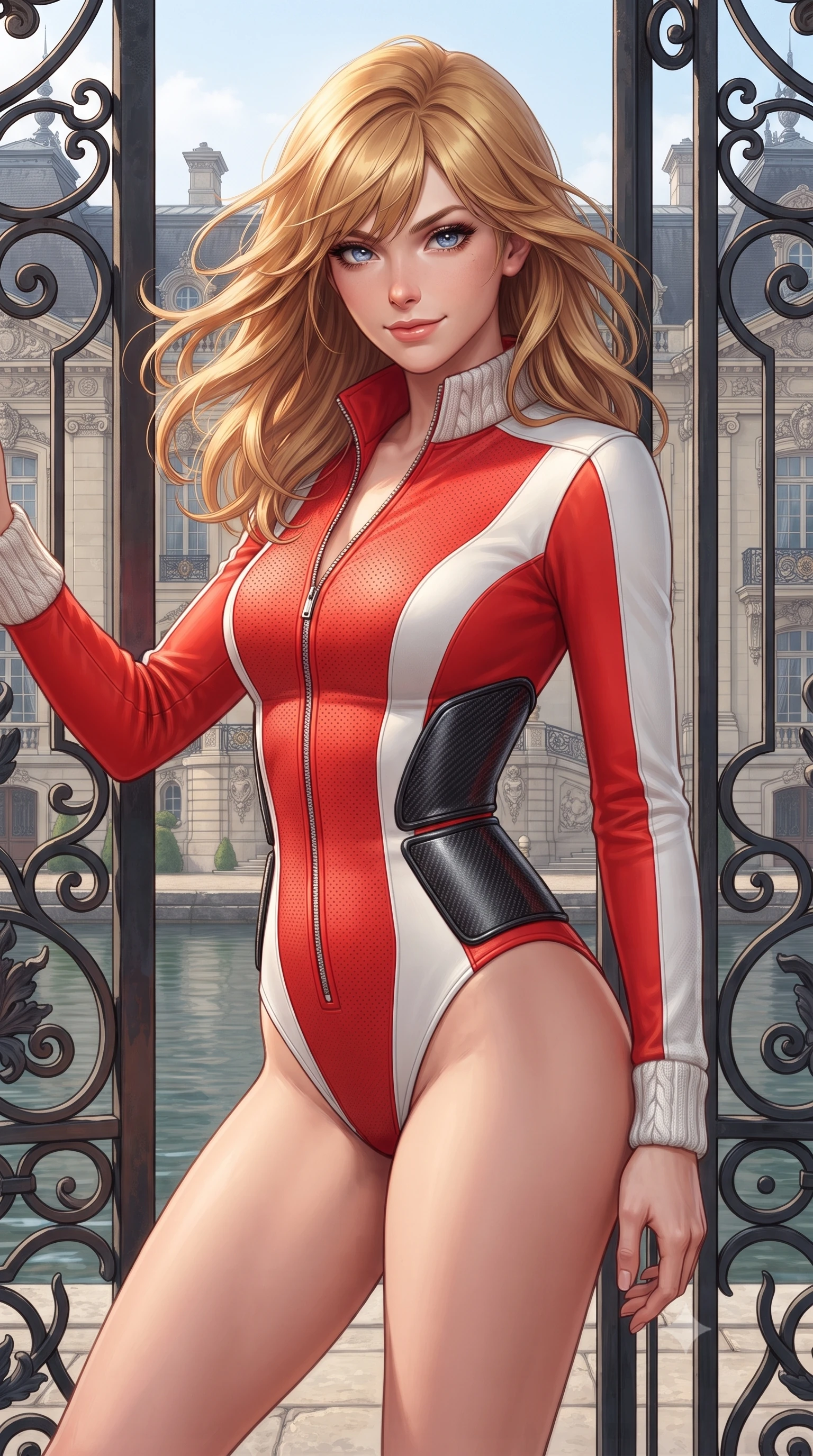 score_9, masterpiece, best quality, ultra-detailed, high-budget anime keyframe, editorial fashion photography, tasteful artistic composition, Caucasian woman. close-up cowboy shot from the waist and thighs up, the character dominates the composition, filling the frame with her large presence. turning slowly with a smoldering smile, her glossy hair tossing in the breeze as her hips angle gracefully in a captivating contrapposto while leaning against the wrought-iron estate gates with hips cocked back, casting an alluring, intelligent bedroom-gaze over the private harbor. The surrounding environment is rendered in vivid detail and crisp panoramic clarity: detailed cashmere cable-knit texture, alpine sun on skin, and neoclassical lakefront chateau architecture in high resolution. She has an exceptionally elegant, slender, and willowy female figure with an ultra-slim waist, flat toned midriff, narrow ribcage, and sculpted feminine hips creating an alluring, slim hourglass silhouette without bulk. sharp v-shaped jawline, high-bridge nose, sparkling eyes with athletic focus and depth, thick curled eyelashes, glossy parted lips with a natural coral-peach sheen, bright confident and coquettish smile with alluring bedroom-eyes, exuding both youthful sporty vigor and sovereign high-society glamour, flawlessly proportioned anatomical accuracy, strict slender model proportions, natural body alignment, perfectly sculpted long slender limbs, ultra-slim waistline, clean dynamic posture without body distortion. wearing a modern paddock jumpsuit with zip-down front collar and high-cut leg openings in sleek stretch jersey in Scuderia racing red and pure alabaster white, woven from semi-opaque performance athletic mesh with hexagonal micro-perforations, accented with sleek aerodynamic carbon-fiber hip pads framing her narrow waist, the high-waisted wrap tailoring accentuating her ultra-slim waistline and the enchanting curve of her feminine hips with alluring sporty charm. illuminated by lake water reflection fill and sharp platinum rim lights defining her sculpted collarbones, ultra-slim waist, and curvy hips. ultra-reflective glossy finish, specular highlights, rich textural contrasts, high-contrast stereoscopic depth, volumetric dynamic lighting, 2k, ultra detail, master piece, 9:16 ratio