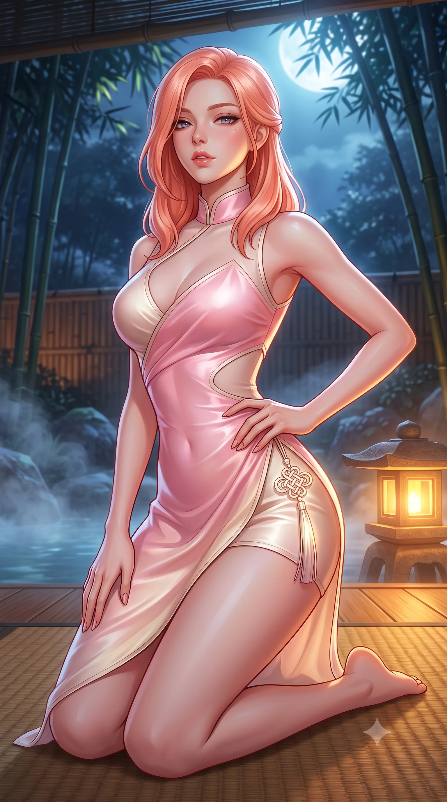 score_9, masterpiece, best quality, ultra-detailed, high-budget anime keyframe, semi-realistic 3D game render, editorial fashion photography, tasteful artistic composition, Japanese woman. close-up cowboy shot from the waist and thighs up, the character dominates the composition, filling the frame with her large presence. resting one manicured hand delicately on her hip bone, her upper body turning in a fluid, seductive S-curve while parted lips glisten in the light while kneeling gracefully on the warm tatami deck beside a glowing stone lantern, one hand resting on her bare hip as cool river mist curls around her. The surrounding environment is rendered in vivid detail and crisp panoramic clarity. atmospheric nocturnal Japanese chiaroscuro and serene hot-spring retreat luxury rendered with precision. She has an exceptionally elegant, slender, and willowy female figure with an ultra-slim waist, a gracefully sculpted slender torso, toned flat midriff, and rounded feminine hips creating an alluring hourglass silhouette. sharp v-shaped jawline, high-bridge nose, intricate jewel-like eyes with depth, thick eyelashes, glossy parted lips with a natural sheen, intensely captivating and seductive bedroom-eyes expression, flawlessly proportioned anatomical accuracy, strict slender model proportions, natural body alignment, perfectly sculpted long slender limbs, ultra-slim waistline, clean dynamic posture without body distortion. wearing a wet-look silk fusion wrap dress with asymmetrical sheer mesh cutouts and high Mandarin collar in sakura blossom pink and warm ivory, crafted from traditional Korean gossamer silk organza with pearlescent luster, accented with a glowing metallic norigae knot charm resting against her hip, the form-contouring material adhering flawlessly to her sculpted flat midriff and slender torso, emphasizing her long leg lines and perfectly proportioned willowy build. bathed in cool silver full-moon light streaming through the bamboo canopy and warm amber lantern downlights. highly saturated vibrant anime colors, detailed shading with soft gradients, rich glossy textures, high-contrast stereoscopic depth, volumetric dynamic lighting, master piece, 9:16 ratio