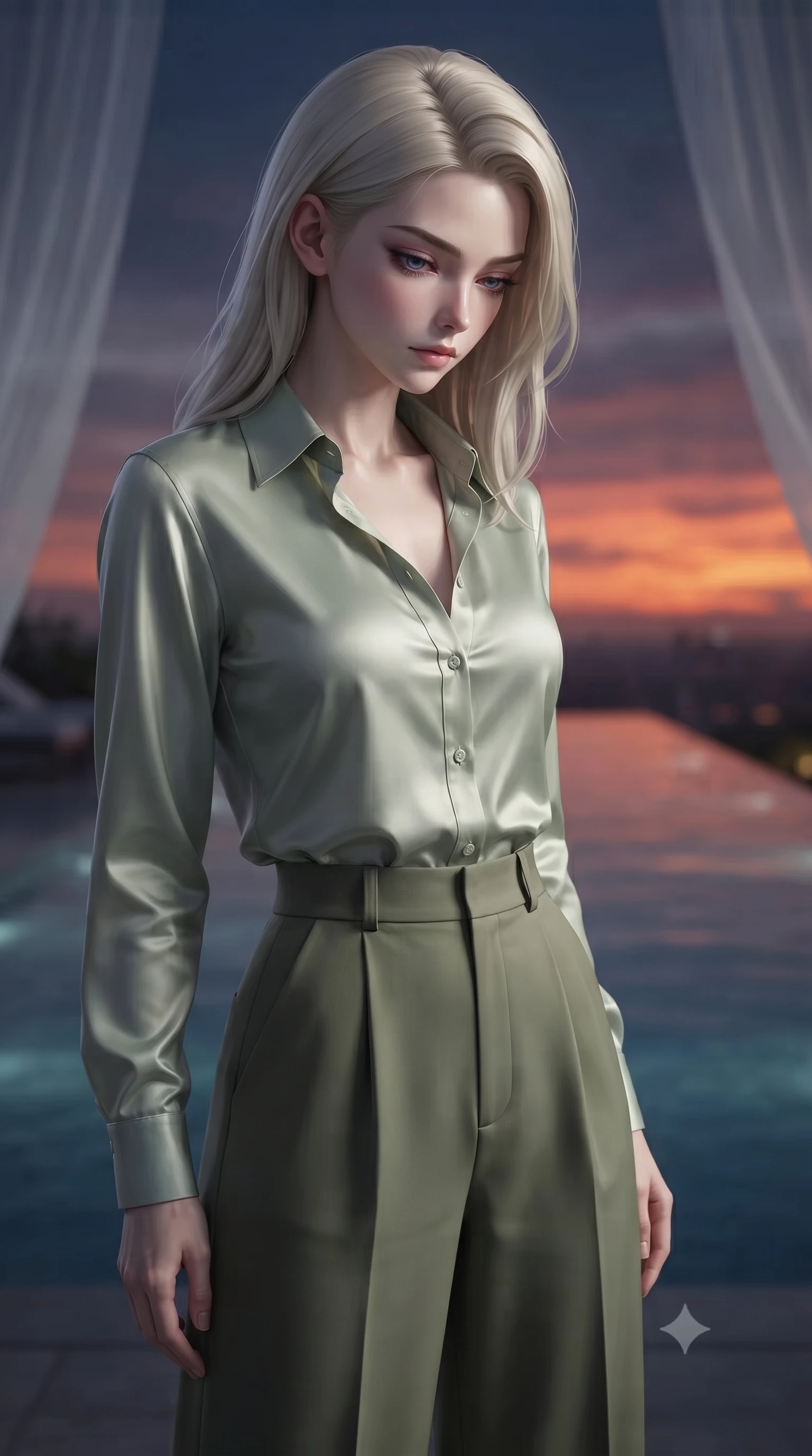 score_9, masterpiece, best quality, ultra-detailed, high-budget anime keyframe, editorial fashion photography, tasteful artistic composition, Caucasian woman, strictly human ears. close-up cowboy shot from the waist and thighs up, the character dominates the composition, filling the frame with her large presence, background elements kept in soft focus. Looking down with lowered lashes and a composed powerful expression. set against a soft-focus background of standing at the vanishing edge of a rooftop infinity pool at twilight where the still water surface blends seamlessly into the sunset horizon creating the illusion of swimming into the sky. She has an exceptionally elegant and slender, willowy female figure with an ultra-slim waist, a gracefully sculpted slender torso, and a refined slim physique. sharp v-shaped jawline, high-bridge nose, intricate jewel-like eyes with depth, thick eyelashes, glossy lips with a natural sheen. wearing a pale sage green button-down silk shirt tucked into high-waisted olive green wide-leg trousers. cold silver moonlight filtered through translucent gossamer curtains casting delicate shadows. 2k, ultra detail, master piece, 9:16 ratio