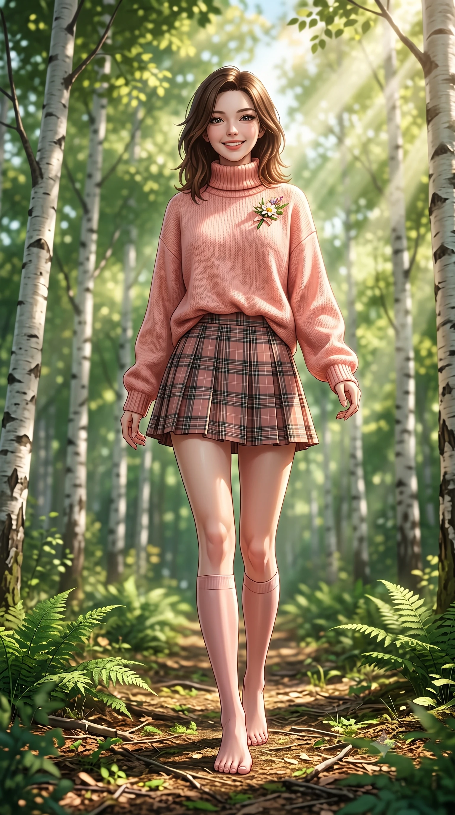 score_9, masterpiece, best quality, ultra-detailed, high-budget anime keyframe, semi-realistic 3D game render, editorial fashion photography, tasteful artistic composition, Korean woman. low angle full-body shot from head to toe showing her feet, filling the entire 9:16 vertical frame with her statuesque presence, stretching her vertical silhouette. pivoting dynamically with a fresh infectious smile, her ultra-slim waist and long slender legs creating a fluid graceful line while strolling happily along a sun-dappled forest path surrounded by slender white birch trunks and lush emerald ferns. The composition keeps background elements in soft focus with creamy bokeh. slender white birch tree trunks and sunlit green forest canopies blurred into dreamy emerald and golden bokeh. She has an absolutely perfect, statuesque 8.5-heads proportion, an exceptionally tall and slender model-like female figure with impossibly long slender legs, a toned flat midriff, and an ultra-slim waist. sharp v-shaped jawline, high-bridge nose, intricate jewel-like eyes with depth, thick eyelashes, glossy lips with a natural sheen, pure and lovely fresh girlhood expression, flawlessly proportioned anatomical accuracy, strict slender model proportions, natural body alignment, perfectly sculpted long slender limbs, ultra-slim waistline, clean dynamic posture without body distortion. wearing a cozy oversized turtleneck knit jumper paired with a pleated plaid wool skirt and knee-high socks in warm peach blossom pink and champagne ivory, crafted from smooth fluid silk satin with a natural gentle sheen, complemented by a delicate wildflower corsage pinned to the lapel, the relaxed yet flattering fit accentuating her naturally graceful and slender figure, highlighting her youthful charm and lovely silhouette. bathed in heavenly volumetric sunbeams piercing through the dense birch canopy. highly saturated vibrant anime colors, detailed shading with soft gradients, rich glossy textures, high-contrast stereoscopic depth, volumetric dynamic lighting, master piece, 9:16 ratio