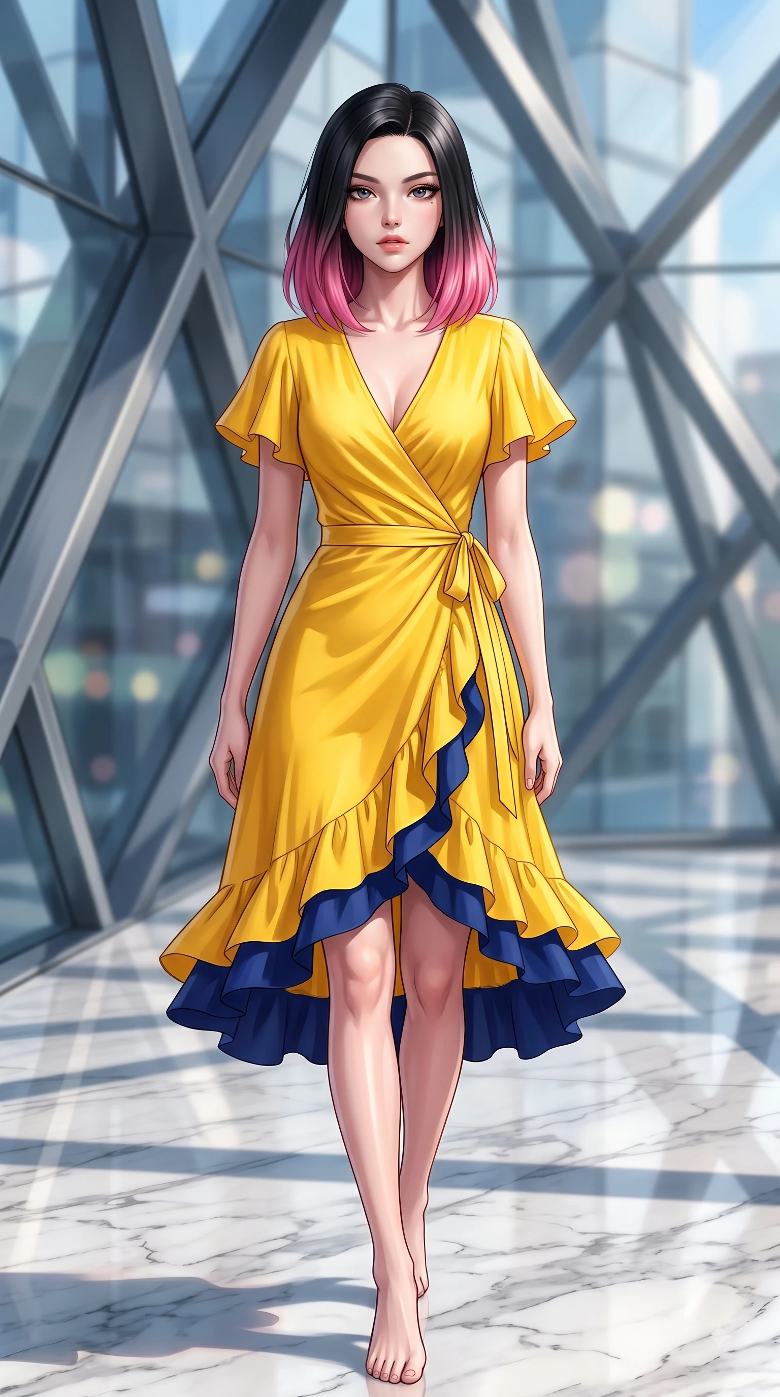 score_9, masterpiece, best quality, ultra-detailed, high-budget anime keyframe, editorial fashion photography, tasteful artistic composition, Korean woman. close-up cowboy shot from the waist and thighs up, the character dominates the composition, filling the frame with her large presence. Haughty, chic expression with a poised chin-tilt and an aloof, magnetic gaze commanding attention while walking poised across a polished marble floor inside a sleek glass pavilion. The composition keeps background elements in soft focus with dreamy bokeh. geometric steel beams and glass panel reflections blurred into futuristic, ambient bokeh. She has an exceptionally elegant, slender, and willowy female figure with an ultra-slim waist, a gracefully sculpted slender torso, and a refined silhouette. sharp v-shaped jawline, high-bridge nose, intricate jewel-like eyes with depth, thick eyelashes, glossy lips with a natural sheen, flawlessly proportioned anatomical accuracy, natural body alignment, perfectly sculpted elegant limbs, clean dynamic posture without body distortion. wearing a cheerful sunflower yellow silk wrap dress with fluttery ruffle hems in sunflower yellow and royal navy blue, made of fine lace weave and soft satin jersey, accented with a delicate side waist sash creating fluid lines, the fluid drape swaying gracefully with her dynamic editorial movement. bathed in crisp, high-contrast sunlight filtering through geometric glass panes. highly saturated vibrant anime colors, detailed shading with soft gradients, rich glossy textures, high-contrast stereoscopic depth, volumetric dynamic lighting, master piece, 9:16 ratio