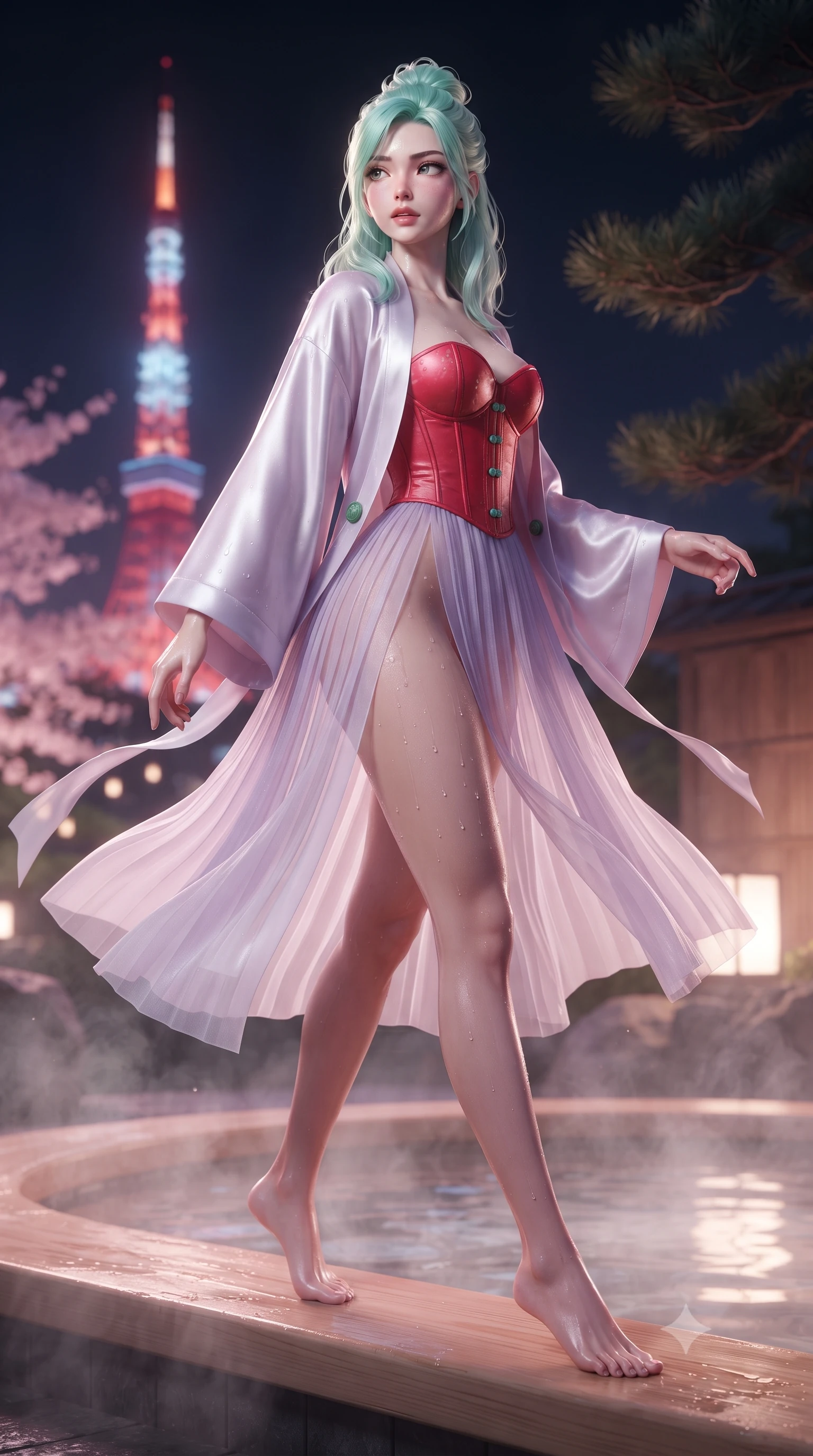 score_9, masterpiece, best quality, ultra-detailed, high-budget anime keyframe, editorial fashion photography, tasteful artistic composition, Japanese woman. low angle full-body shot from head to toe showing her feet, filling the entire 9:16 vertical frame with her statuesque presence, stretching her vertical silhouette. striding forward in a proud supermodel runway stride, hips swaying in an alluring kinetic rhythm that accentuates her curvy hourglass silhouette while perching on the smooth hinoki wood rim of a steaming outdoor onsen, water droplets beading on her hip as she glances back with parted lips. The composition keeps background elements in soft focus with creamy bokeh. distant Tokyo Tower neon lights and dark pine branches softened in dreamy nocturnal shallow focus. She has an absolutely perfect, statuesque 8.5-heads proportion, an exceptionally tall and slender model-like female figure with impossibly long slender legs, a toned flat midriff, an ultra-slim waist, and beautifully sculpted feminine hips. sharp v-shaped jawline, high-bridge nose, intricate jewel-like eyes with depth, thick eyelashes, glossy parted lips with a natural sheen, intensely captivating and seductive bedroom-eyes expression, flawlessly proportioned anatomical accuracy, strict slender model proportions, natural body alignment, perfectly sculpted long slender limbs, ultra-slim waistline, clean dynamic posture without body distortion. wearing a sacred shrine maiden couture robe with sheer pleated chiffon skirt and structured scarlet corset top in ethereal lilac mist and pearlescent white, tailored from smooth liquid silk satin adhering seamlessly to her wet skin, finished with genuine jade button closures and floating celestial silk ribbons, the second-skin form-contouring cut accentuating her sculpted flat midriff, narrow waistline, and dramatically curvy hips without adding bulk. bathed in soft pink cherry blossom ambient glow and warm underwater mineral pool lights. ultra-reflective glossy finish, specular highlights, rich textural contrasts, high-contrast stereoscopic depth, volumetric dynamic lighting, 2k, ultra detail, master piece, 9:16 ratio