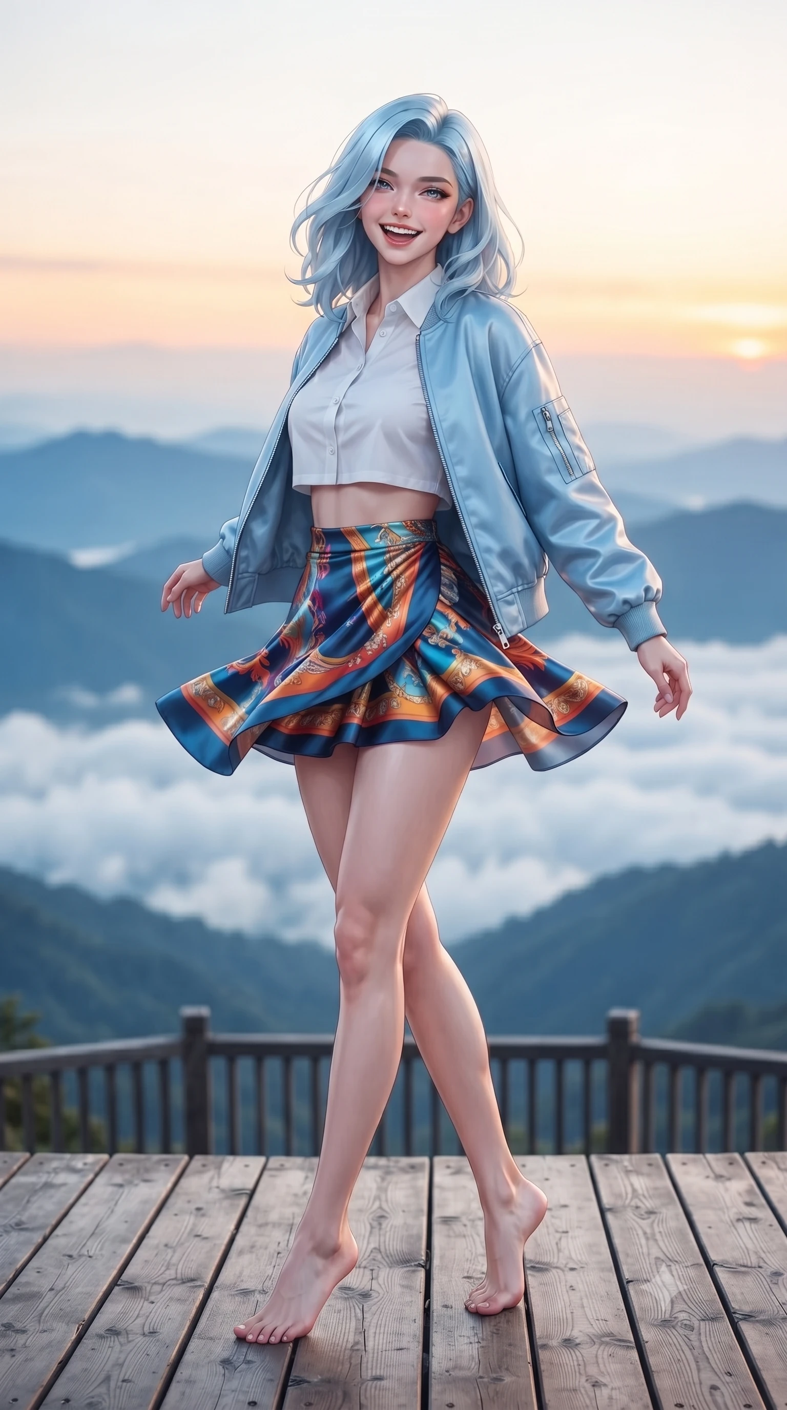 score_9, masterpiece, best quality, ultra-detailed, high-budget anime keyframe, editorial fashion photography, tasteful artistic composition, Korean woman. low angle full-body shot from head to toe showing her feet, filling the entire 9:16 vertical frame with her statuesque presence, stretching her vertical silhouette. twirling around with a playful, sensual laugh, her dress fluttering elegantly to accent her waistline set against a soft-focus background of on a scenic viewing platform overlooking distant blue mountain ridges resting on a wooden fence with a view of the distant clouds below. She has an absolutely perfect, statuesque 8.5-heads proportion, an exceptionally tall and slender model-like female figure with impossibly long slender legs and an ultra-slim waist. sharp v-shaped jawline, high-bridge nose, intricate jewel-like eyes with depth, thick eyelashes, glossy lips with a natural sheen. wearing tailored modern crop top shirt paired with a mini skirt and an unzipped light bomber jacket. cool morning mountain air diffusing the bright orange sunrise glow. highly saturated vibrant anime colors, detailed shading with soft gradients, rich glossy textures, high-contrast stereoscopic depth, volumetric dynamic lighting, master piece, 9:16 ratio
