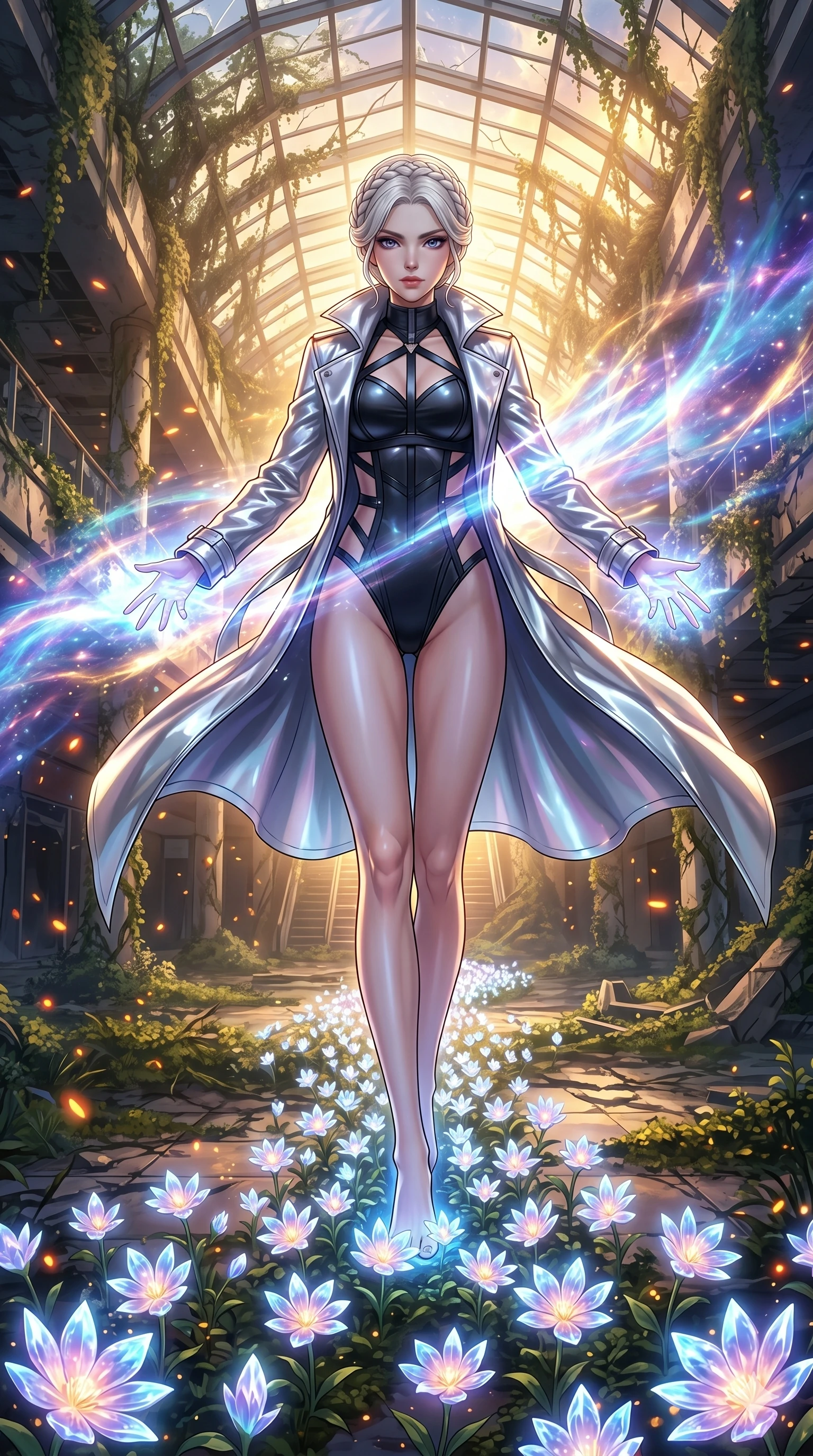 score_9, masterpiece, best quality, ultra-detailed, Set A: High-budget Anime Keyframe, Japanese woman. Low angle cowboy shot filling the entire 9:16 frame with her statuesque presence. Theme: Ethereal Dream. unleashing a massive energy wave in a ruined overgrown shopping mall, while she leaves a trail of 186 blooming crystal flowers. The atmosphere is filled with golden hour with floating embers. She has an absolutely perfect 8-heads proportion, an exceptionally tall and slender female figure with impossibly long slender legs and an ultra-slim waist. Sharp v-shaped jawline, high-bridge nose, intricate jewel-like eyes with depth, glossy lips. Wearing Tech-noir detective trench coat in reflective silver over a strappy bodysuit. Cinematic lighting, vivid colors, dramatic shadows, 2k, ultra detail, master piece, 9:16 ratio