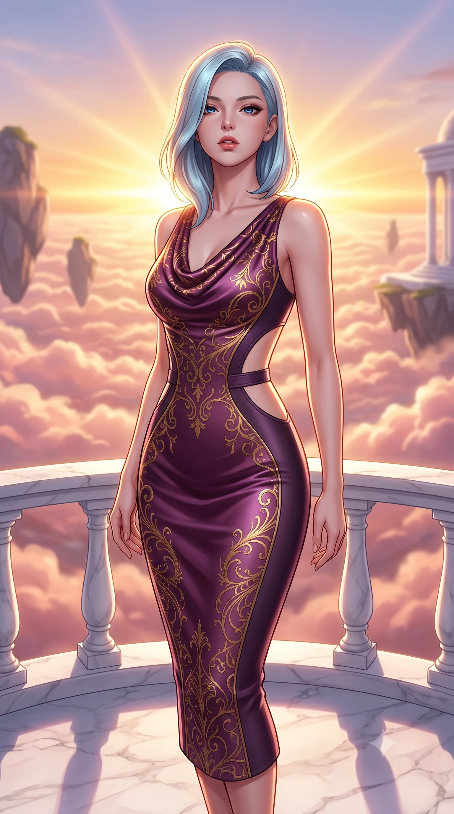 score_9, masterpiece, best quality, ultra-detailed, high-budget anime keyframe, editorial fashion photography, tasteful artistic composition, Korean woman. close-up cowboy shot from the waist and thighs up, the character dominates the composition, filling the frame with her large presence, background elements kept in soft focus. Tilting her chin up slightly with lips parted in a magnetic, composed expression standing on a floating white marble terrace above a sea of rose-gold clouds, golden hour sunbursts creating a majestic rim lighting effect. She has an exceptionally elegant, slender, and willowy female figure with an ultra-slim waist, a gracefully sculpted slender torso, and a refined silhouette. sharp v-shaped jawline, high-bridge nose, intricate jewel-like eyes with depth, thick eyelashes, glossy lips with a natural sheen. wearing an elegant cowl-neck satin midi dress with a draped neckline in plum purple and gold filigree, formed from sleek second-skin neoprene, featuring clean architectural cutouts along her slender torso, the tailored fabric tightly following every curve of her athletic build. lit by brilliant warm key light softening into smooth, elegant gradients. highly saturated vibrant anime colors, detailed shading with soft gradients, rich glossy textures, high-contrast stereoscopic depth, volumetric dynamic lighting, master piece, 9:16 ratio