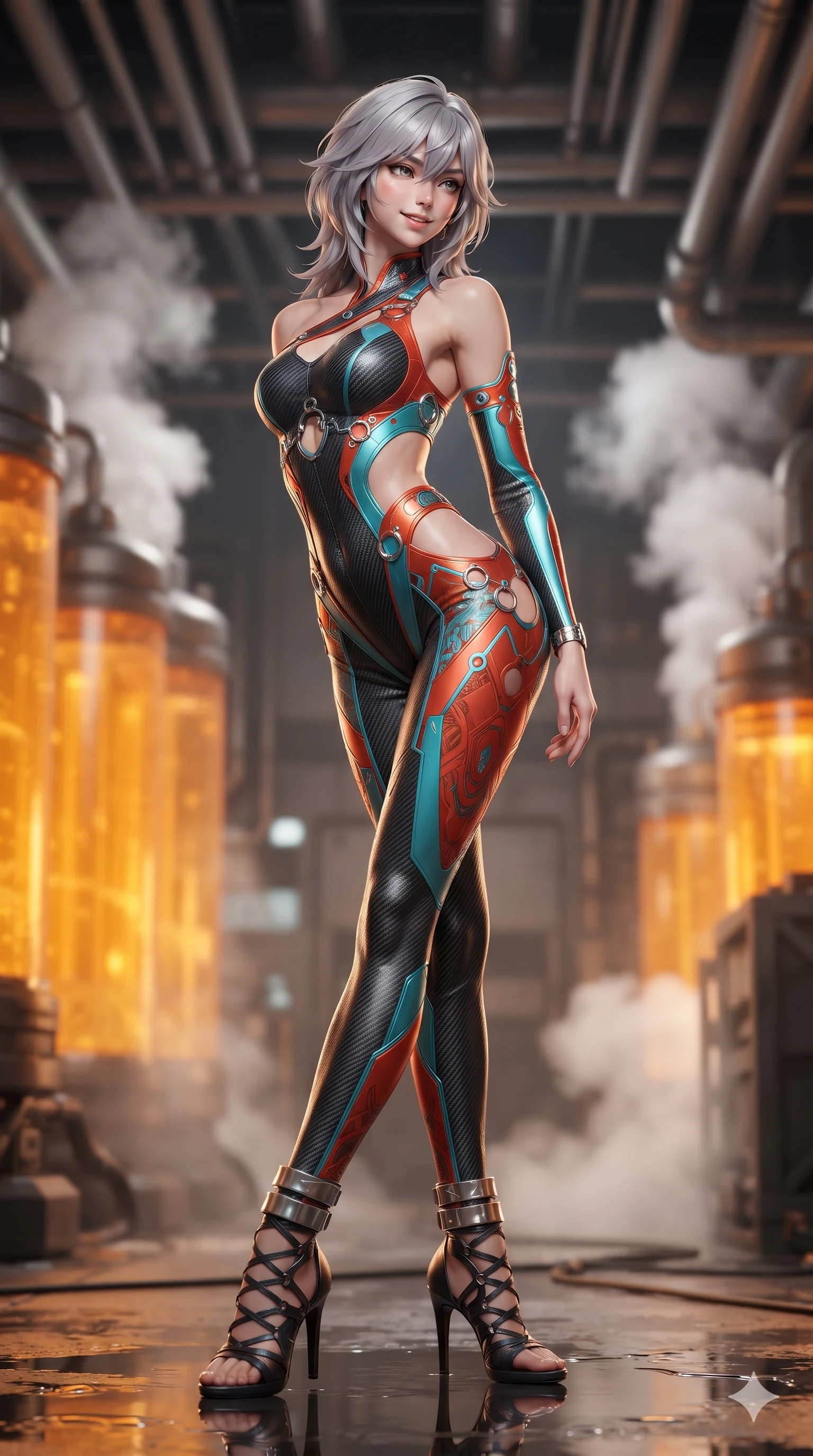 score_9, masterpiece, best quality, ultra-detailed, high-budget anime keyframe, editorial fashion photography, tasteful artistic composition, Japanese woman. low angle full-body shot from head to toe showing her feet, filling the entire 9:16 vertical frame with her statuesque presence, stretching her vertical silhouette. posing in a classic haute-couture S-curve stance beside the panoramic viewport, looking over a bare shoulder with magnetic presence while twisting her slender torso in an alluring S-curve, amber coolant reflections and overhead strobe lights tracing her flat midriff and hourglass curves. The background shows a soft-focus towering amber coolant fluid cylinders, criss-crossing overhead piping networks, and venting white steam plumes blurred into amber, cream, and charcoal bokeh. She has an absolutely perfect, statuesque 8.5-heads proportion, an exceptionally tall and slender model-like female figure with impossibly long slender legs, an ultra-slim waist, a flat toned midriff, narrow delicate ribcage, and beautifully sculpted feminine hips creating a graceful, slim hourglass silhouette without any bulky heaviness. sharp v-shaped jawline, high-bridge nose, intricate jewel-like sparkling eyes with depth, thick eyelashes, glossy parted lips with a natural sheen, bright confident smile with an enchanting and coquettish sensual glint, exuding both youthful magnetic charm and sovereign high-tech allure, flawlessly proportioned anatomical accuracy, strict slender model proportions, natural body alignment, perfectly sculpted long slender limbs, ultra-slim waistline, clean dynamic posture without body distortion. wearing an asymmetric one-shoulder combat catsuit with carbon-weave paneling and an open-waist architecture emphasizing her hips in cyber-shinto vermilion and laser turquoise, adorned with delicate chrome ring hardware and cutouts along her slender waist, complemented by strappy stiletto combat boots with metallic ankle wraps accentuating her slender calves, the bespoke structured tailoring following the natural line of her 8.5-heads silhouette with refined elegance. illuminated by floor puddle reflections and sharp amber-white rim lights carving her sculpted collarbones, ultra-slim waist, and curvy hips. ultra-reflective glossy finish, specular highlights, rich textural contrasts, high-contrast stereoscopic depth, volumetric dynamic lighting, 2k, ultra detail, master piece, 9:16 ratio