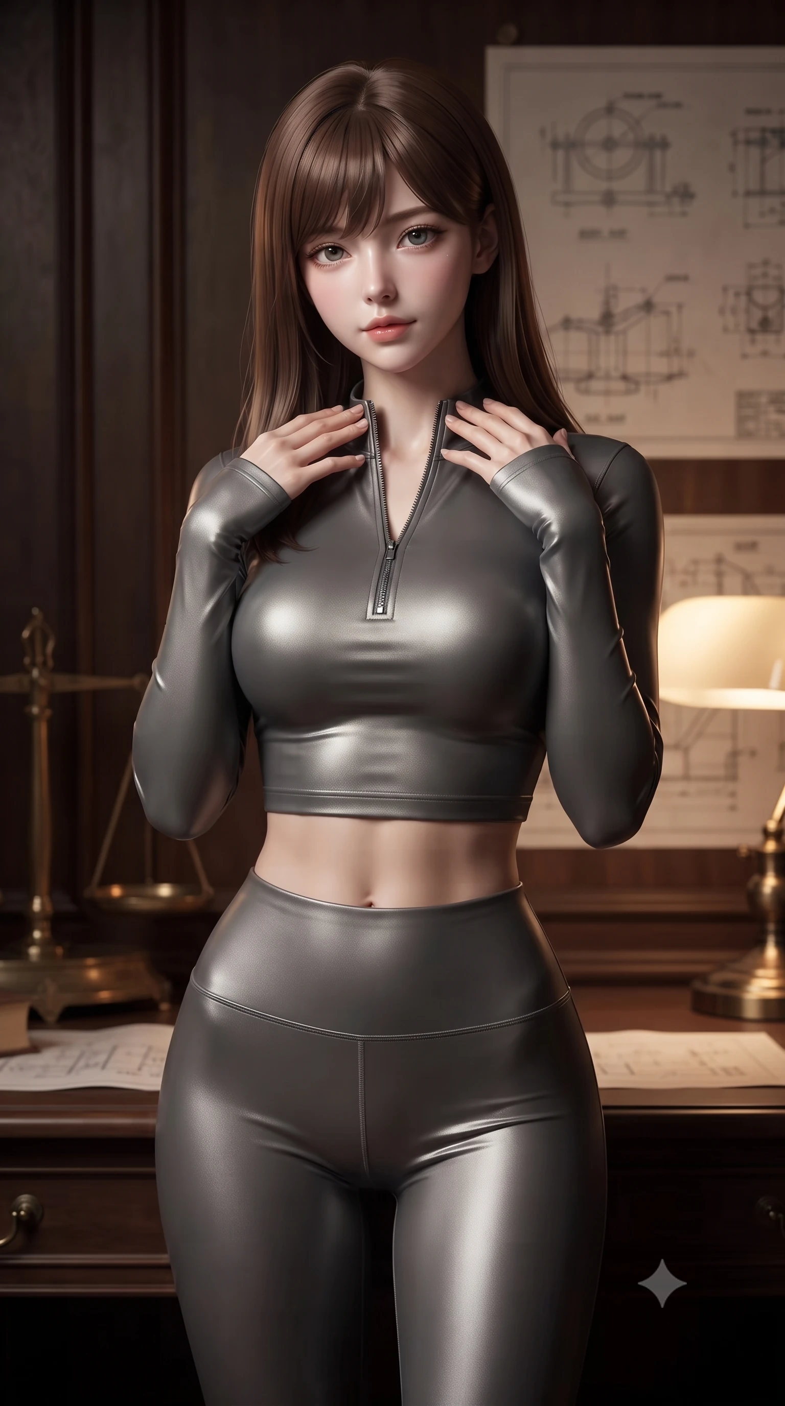 score_9, masterpiece, best quality, ultra-detailed, high-budget anime keyframe, editorial fashion photography, tasteful artistic composition, Korean woman. close-up cowboy shot from the waist and thighs up, the character dominates the composition, filling the frame with her large presence, background elements kept in soft focus. standing in a relaxed, elegant posture with both hands resting lightly on her collarbone, looking at the viewer with bedroom-eyes, the background shows a soft-focus a engine library room with wood panels, brass scales, and technical blue prints. She has an exceptionally elegant, slender, and willowy female figure with an ultra-slim waist, a gracefully sculpted slender torso, and a refined silhouette. sharp v-shaped jawline, high-bridge nose, intricate jewel-like eyes with depth, thick eyelashes, glossy lips with a natural sheen. wearing a body-hugging body-hugging high-neck activewear set of a zipped long-sleeve crop top and matching leggings in carbon-grey. soft warm glow from reading lamps creating a quiet and meditative mood. ultra-reflective glossy finish, specular highlights, metallic sheen, high-contrast stereoscopic depth, volumetric dynamic lighting, 2k, ultra detail, master piece, 9:16 ratio