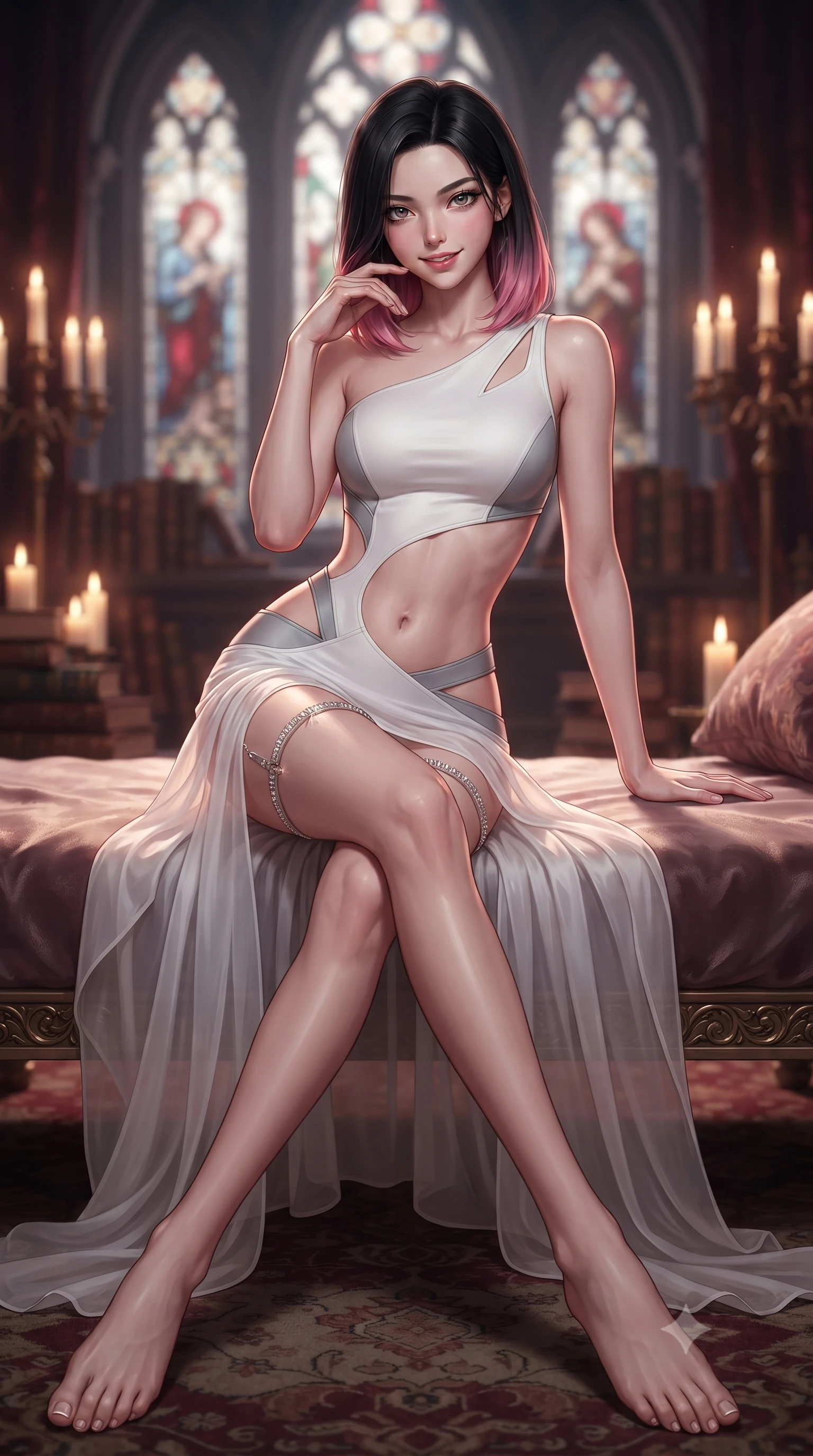 score_9, masterpiece, best quality, ultra-detailed, high-budget anime keyframe, editorial fashion photography, tasteful artistic composition, Korean woman. low angle full-body shot from head to toe showing her feet, filling the entire 9:16 vertical frame with her statuesque presence, stretching her vertical silhouette. lounging on the lavish daybed with legs crossed and hips angled toward the camera, displaying her toned midriff and long slender limbs with effortless siren poise while twisting her slender torso in an alluring contrapposto stance, flickering candlelight tracing her narrow waist, flat midriff, and hips. The background shows a soft-focus soaring pointed-arch stained glass windows, rows of antique vellum tomes, and heavy brass candelabras blurred into ruby, mahogany, and amber bokeh. She has an absolutely perfect, statuesque 8.5-heads proportion, an exceptionally tall and slender model-like female figure with impossibly long slender legs, an ultra-slim waist, a flat toned midriff, narrow delicate ribcage, and beautifully sculpted feminine hips creating a graceful, slim hourglass silhouette without any bulky heaviness. sharp v-shaped jawline, high-bridge nose, sparkling eyes with hypnotic seductive depth, thick curled eyelashes, glossy parted lips with a natural dewy peach sheen, alluring bedroom-eyes with an enchanting coquettish smile, exuding magnetic siren charisma and sophisticated glamour, flawlessly proportioned anatomical accuracy, strict slender model proportions, natural body alignment, perfectly sculpted long slender limbs, ultra-slim waistline, clean dynamic posture without body distortion. wearing an asymmetric one-shoulder white neoprene mini dress with sharp laser-cut side openings framing her spine and hips in architectural titanium grey and pure milk white, made of sheer gossamer chiffon that drapes softly against skin with airy translucence, finished with delicate crystal-encrusted thigh garter straps glinting under the lights, the liquid-tight tailored fabric clinging flawlessly to her narrow waist and rounded feminine hips, emphasizing every millimeter of her sculpted slim hourglass curves without any bulky heaviness. illuminated by fireplace ember bounce and sharp crimson-and-gold rim lights sculpting her razor-sharp jawline, narrow waist, and curvy hips. ultra-reflective glossy finish, specular highlights, rich textural contrasts, high-contrast stereoscopic depth, volumetric dynamic lighting, 2k, ultra detail, master piece, 9:16 ratio
