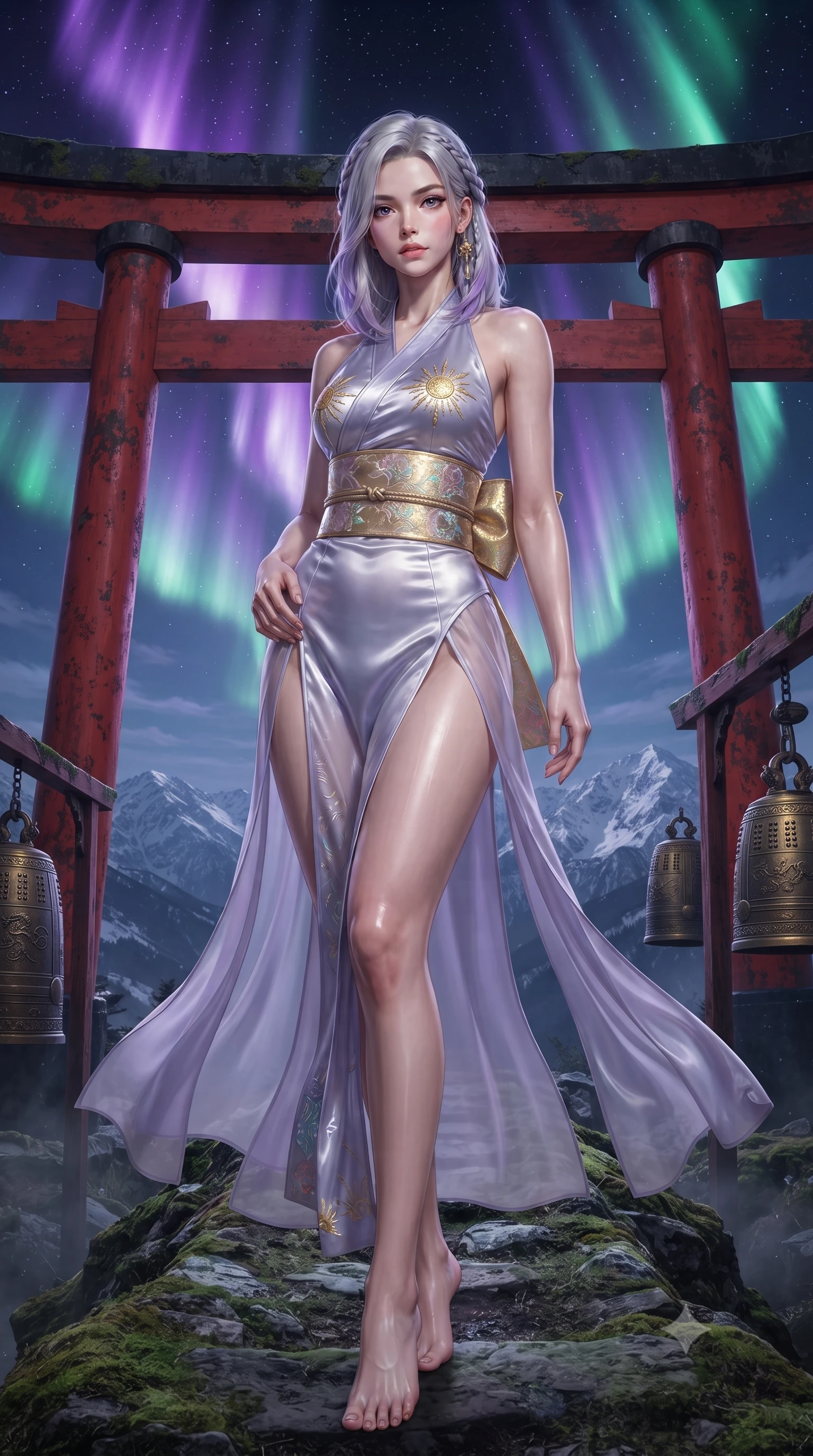 score_9, masterpiece, best quality, ultra-detailed, high-budget anime keyframe, editorial fashion photography, tasteful artistic composition, Caucasian woman. low angle full-body shot from head to toe showing her feet, filling the entire 9:16 vertical frame with her statuesque presence, stretching her vertical silhouette. standing poised with one hip cocked in an alluring high-fashion pose, her tall 8.5-heads proportions dominating the scene while standing atop a mountain shrine ridge framed by a colossal vermilion torii gate under a dancing violet and emerald aurora. The surrounding environment is rendered in vivid detail and crisp panoramic clarity. detailed aurora wave ribbons, distant mountain ranges, and sacred bronze bell engravings in high clarity. She has an absolutely perfect, statuesque 8.5-heads proportion, an exceptionally tall and slender model-like female figure with impossibly long slender legs, a toned flat midriff, and an ultra-slim waist. sharp v-shaped jawline, high-bridge nose, intricate jewel-like eyes with depth, thick eyelashes, glossy lips with a natural sheen, captivating and magnetic expression, flawlessly proportioned anatomical accuracy, strict slender model proportions, natural body alignment, perfectly sculpted long slender limbs, ultra-slim waistline, clean dynamic posture without body distortion. wearing a celestial priestess halter gown with golden sunburst embroidery and sheer leg veils in moonlit silver and lavender mist, tailored from traditional lustrous satin with delicate hand-stitched borders, complemented by a wide metallic gold obi sash with holographic floral embroidery, the glove-like aerodynamic second-skin fit tightly clinging to her ultra-slender waist and athletic curves without adding bulk, accentuating her razor-sharp statuesque lines and slim hourglass silhouette. surrounded by a divine, mystical, and spiritually transcendent shrine maiden sovereign aura. ultra-reflective glossy finish, specular highlights, rich textural contrasts, high-contrast stereoscopic depth, volumetric dynamic lighting, 2k, ultra detail, master piece, 9:16 ratio