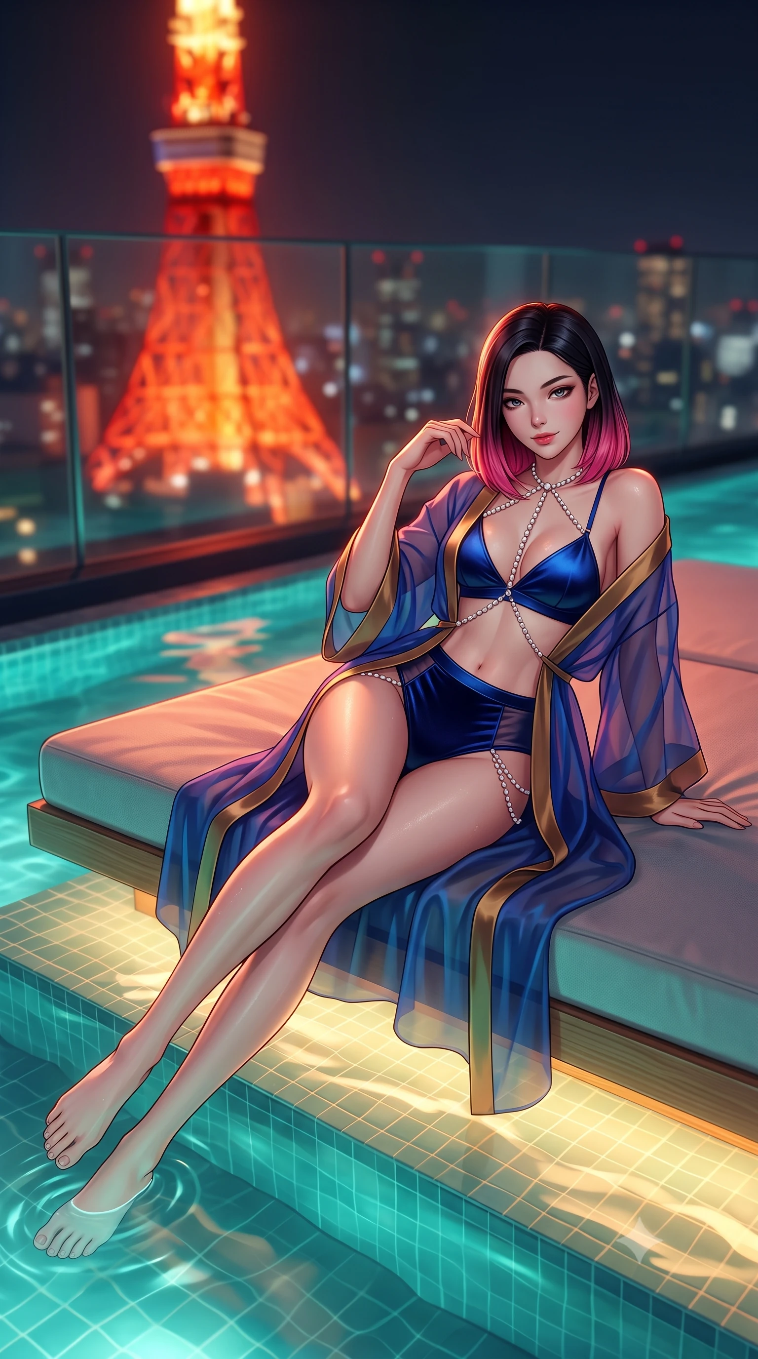 score_9, masterpiece, best quality, ultra-detailed, high-budget anime keyframe, semi-realistic 3D game render, editorial fashion photography, tasteful artistic composition, Korean woman. low angle full-body shot from head to toe showing her feet, filling the entire 9:16 vertical frame with her statuesque presence, stretching her vertical silhouette. lounging on the lavish daybed with legs crossed and hips angled toward the camera, displaying her toned midriff and long slender limbs with effortless siren poise while lounging gracefully in the shallow thermal shelf propped on one elbow, her statuesque 8.5-heads silhouette radiating futuristic Tokyo glamour. The background shows a soft-focus glass safety balustrades softened in ultra-exclusive urban rooftop shallow focus. She has an absolutely perfect, statuesque 8.5-heads proportion, an exceptionally tall and slender model-like female figure with impossibly long slender legs, an ultra-slim waist, a flat toned midriff, narrow delicate ribcage, and beautifully sculpted feminine hips creating a graceful, slim hourglass silhouette without any bulky heaviness. sharp v-shaped jawline, high-bridge nose, sparkling eyes with hypnotic seductive depth, thick curled eyelashes, glossy parted lips with a natural dewy peach sheen, alluring bedroom-eyes with an enchanting coquettish smile, exuding magnetic siren charisma and sophisticated glamour, flawlessly proportioned anatomical accuracy, strict slender model proportions, natural body alignment, perfectly sculpted long slender limbs, ultra-slim waistline, clean dynamic posture without body distortion. wearing a sheer organza modern kimono robe worn loose and slipping off bare shoulders over a matching satin bralette and high-waisted briefs in royal lapis lazuli and burnished brass, tailored from ultra-plush velvet with rich tactile depth and deep shadow gradients, accented with a pearl-drop body harness subtly framing her dewy collarbones and spine, the glove-like clinging cut tightly following the natural contour of her hips and long slender legs with youthful 8.5-heads elegance. bathed in the warm underwater thermal pool glow paired with vivid red-orange neon spill from the illuminated Tokyo Tower. highly saturated vibrant anime colors, detailed shading with soft gradients, rich glossy textures, high-contrast stereoscopic depth, volumetric dynamic lighting, master piece, 9:16 ratio
