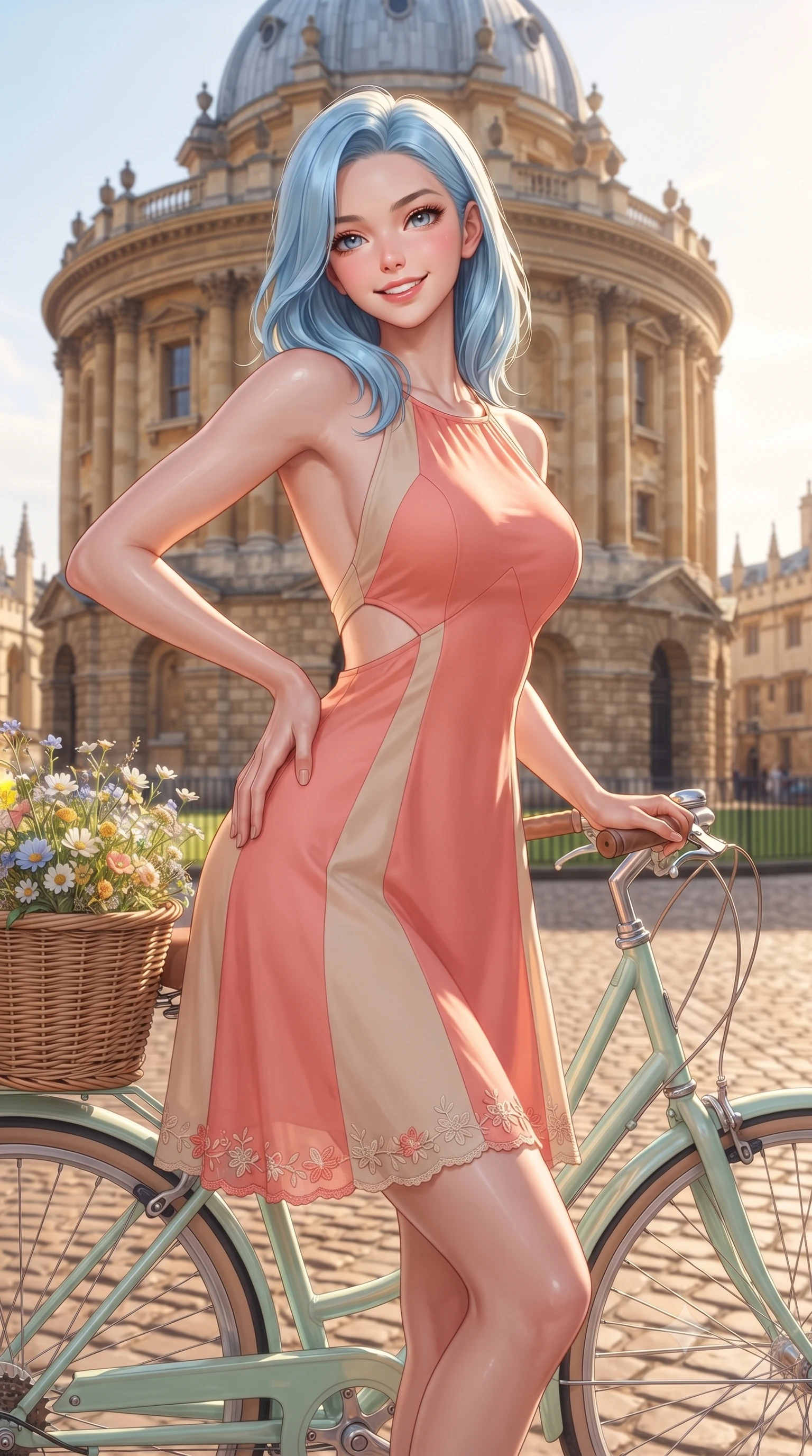 score_9, masterpiece, best quality, ultra-detailed, high-budget anime keyframe, editorial fashion photography, tasteful artistic composition, Korean woman. close-up cowboy shot from the waist and thighs up, the character dominates the composition, filling the frame with her large presence. tilting her head with a cute beaming smile while arching her spine with effortless dancer poise, one hand sliding along her hip line in a flirtatious S-curve while leaning against a vintage pastel bicycle with a woven flower basket, arching her back with an enchanting, bright cute smile in front of the iconic Radcliffe Camera. The surrounding environment is rendered in vivid detail and crisp panoramic clarity. sharp weathered Headington limestone masonry, cobblestone pavement patterns, and bicycle wicker basket texture in deep focus. She has an exceptionally elegant, slender, and willowy female figure with an ultra-slim waist, flat toned midriff, narrow ribcage, and sculpted feminine hips creating an alluring, slim hourglass silhouette without bulk. sharp v-shaped jawline, high-bridge nose, intricate jewel-like sparkling eyes with depth, thick eyelashes, glossy parted lips with a natural peach sheen, bright cheerful beaming smile with an enchanting and coquettish sensual glint, exuding both youthful cute charm and seductive allure, flawlessly proportioned anatomical accuracy, strict slender model proportions, natural body alignment, perfectly sculpted long slender limbs, ultra-slim waistline, clean dynamic posture without body distortion. wearing a backless pastel halter sundress with side-waist diamond cutouts and an ultra-fitted hip-hugging silhouette in warm coral pink and soft oatmeal beige, tailored from fine lightweight chiffon that flutters gently in the breeze, complemented by delicate embroidered floral trim along the hem, the form-contouring cut accentuating her sculpted flat midriff, narrow delicate ribcage, and gracefully curvy hips with supermodel precision. bathed in brilliant golden afternoon English sunshine casting long elegant shadows. ultra-reflective glossy finish, specular highlights, rich textural contrasts, high-contrast stereoscopic depth, volumetric dynamic lighting, 2k, ultra detail, master piece, 9:16 ratio