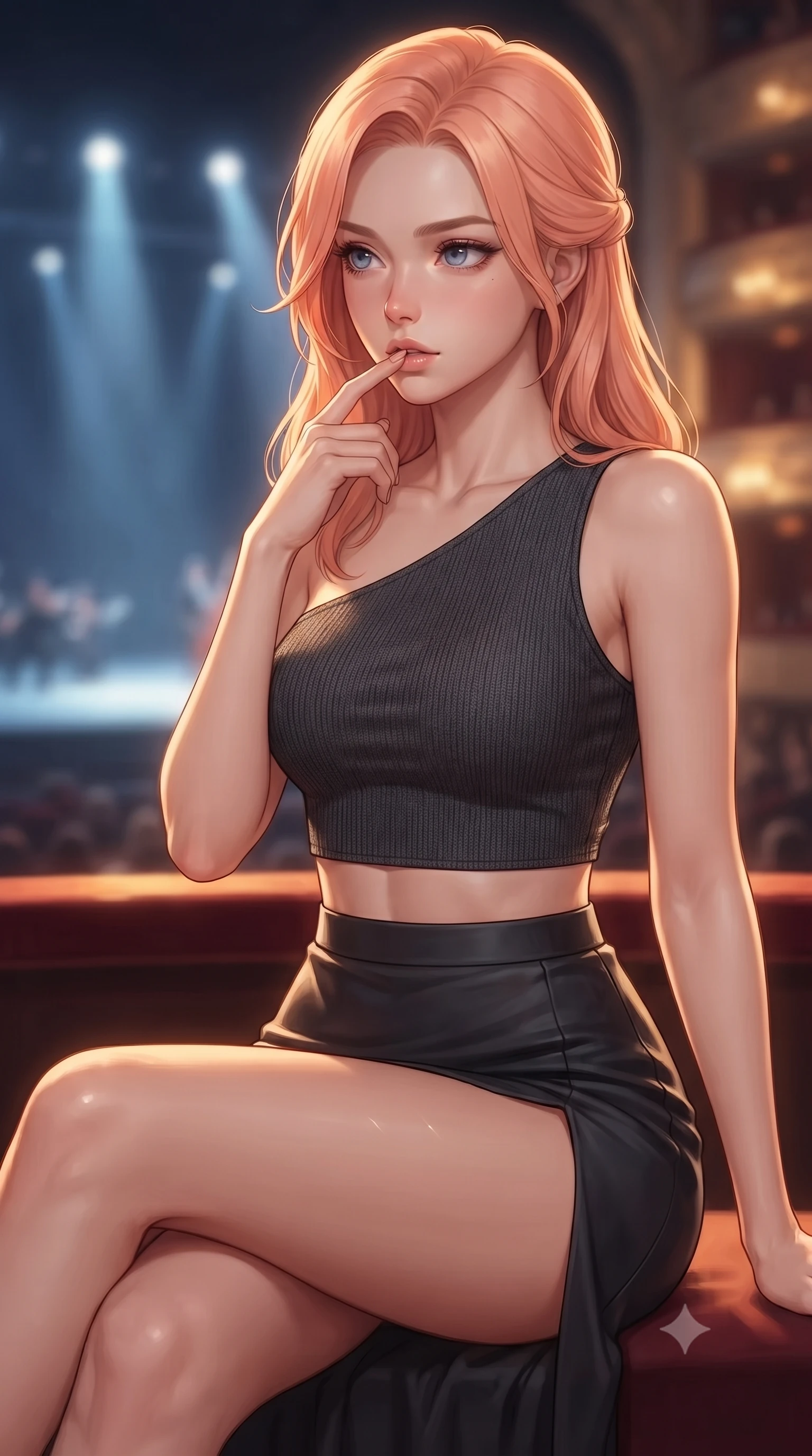 score_9, masterpiece, best quality, ultra-detailed, high-budget anime keyframe, editorial fashion photography, tasteful artistic composition, Japanese woman. close-up cowboy shot from the waist and thighs up, the character dominates the composition, filling the frame with her large presence, background elements kept in soft focus. pressing one finger to her bottom lip in a thoughtful, seductive gesture under the warm sun the background shows a soft-focus a quiet opera box seat during a performance, with the stage glow in the background. She has an exceptionally elegant, slender, and willowy female figure with an ultra-slim waist, a gracefully sculpted slender torso, and a refined silhouette. sharp v-shaped jawline, high-bridge nose, intricate jewel-like eyes with depth, thick eyelashes, glossy lips with a natural sheen. wearing a tailored asymmetric one-shoulder crop top in charcoal knit, paired with a high-slit skirt. cool stage lighting contrasting with the warm amber glow of the private box. ultra-reflective glossy finish, specular highlights, metallic sheen, high-contrast stereoscopic depth, volumetric dynamic lighting, 2k, ultra detail, master piece, 9:16 ratio