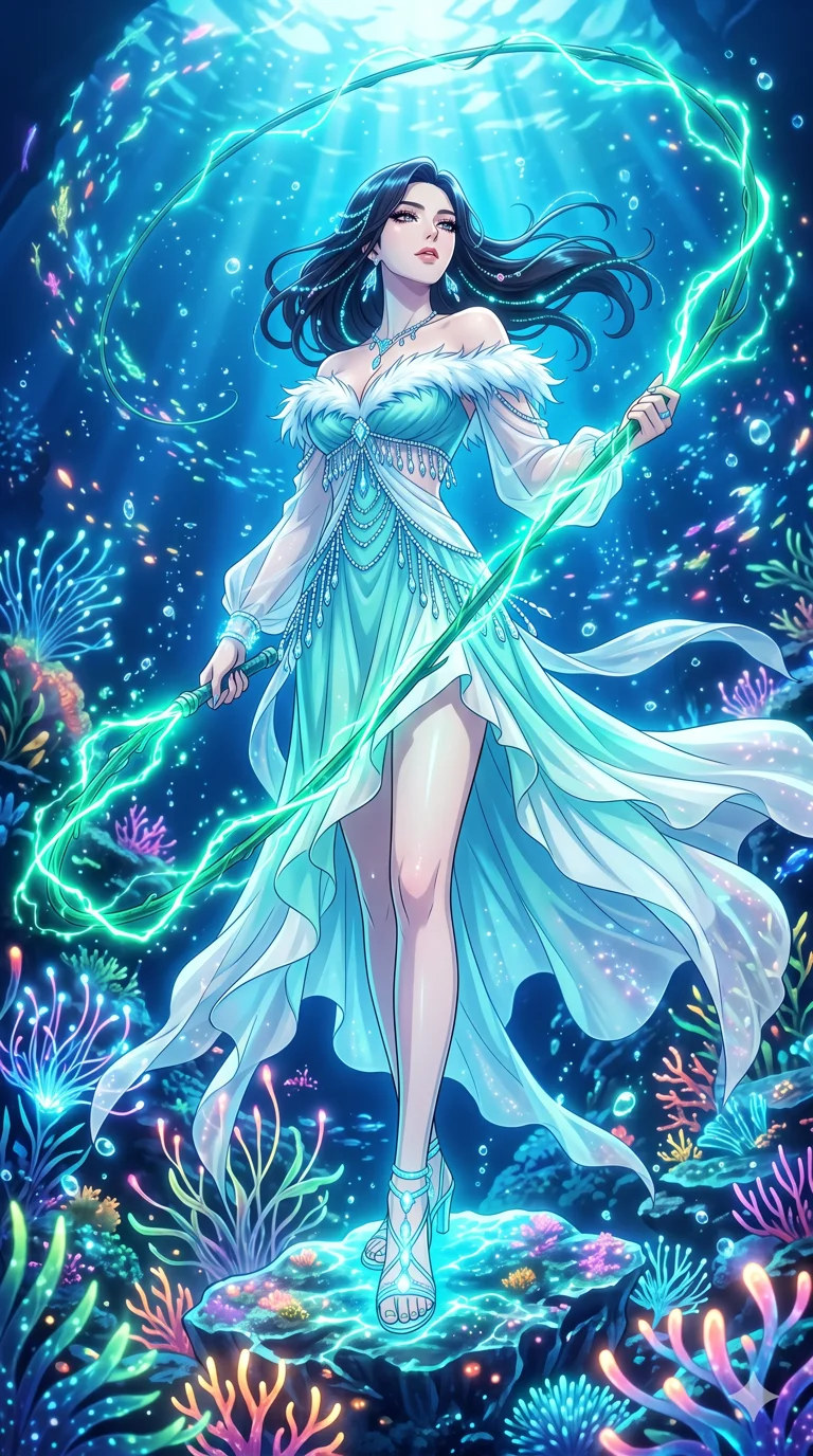 score_9, masterpiece, best quality, ultra-detailed, High-budget Anime Keyframe, vibrant colors, fluid line-art, expressive lighting, cinematic composition, Ufotable-style visual effects, top-tier animation quality, Korean woman with idol-like refined features. Low angle cowboy shot filling the entire 9:16 frame with her statuesque presence, looking up to emphasize her height. Wielding a glowing vine whip that crackles with bioluminescent energy, devoid of thorns. She has an absolutely perfect 8-heads proportion, an exceptionally tall and slender female figure with impossibly long slender legs and an ultra-slim waist, her statuesque height and towering silhouette dominating the vertical 9:16 frame. Her face is a masterpiece featuring a sharp v-shaped jawline, high-bridge nose, intricate jewel-like eyes with depth, thick eyelashes, and glossy lips with a natural sheen. She is wearing a Flowing silk chiffon dress with an asymmetrical hem, feather-trimmed off-the-shoulder top, crystalline beaded fringe, and translucent flowing sleeves.. The scene is set in an underwater Eden where the plants are made of light and fiber-optics. 2k, ultra detail, master piece, 9:16 ratio