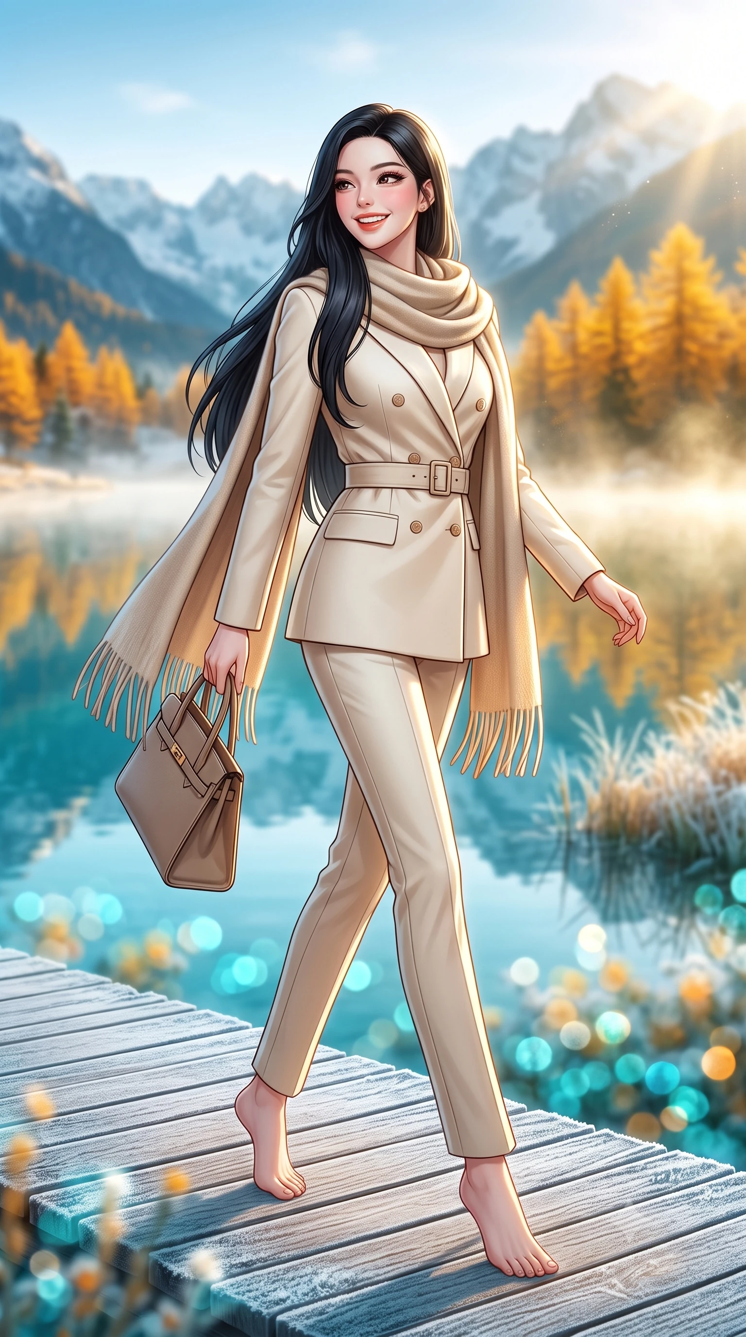 score_9, masterpiece, best quality, ultra-detailed, high-budget anime keyframe, semi-realistic 3D game render, editorial fashion photography, tasteful artistic composition, Korean woman. low angle full-body shot from head to toe showing her feet, filling the entire 9:16 vertical frame with her statuesque presence, stretching her vertical silhouette. walking briskly with tall supermodel strides, one hand holding her leather bag and the other swinging with energetic charm while walking along the frosted wooden boardwalk beside the mirror-still alpine lake, glancing back over her shoulder with an infectious joyful smile. The background shows a soft-focus mirror-like turquoise lake reflecting snow peaks, blazing golden needle larch trees, and early morning shoreline frost blurred into turquoise, marigold, and frost white bokeh. She has an exceptionally tall and slender model-like 8.5-heads proportion, an ultra-slim waist, a flat toned midriff, narrow delicate ribcage, and beautifully sculpted feminine hips creating a graceful, slim hourglass silhouette without any bulky heaviness, with impossibly long slender legs. sharp v-shaped jawline, high-bridge nose, intricate jewel-like sparkling eyes with depth, thick eyelashes, glossy parted lips with a natural peach sheen, bright cheerful beaming smile with an enchanting and coquettish sensual glint, exuding both youthful cute charm and seductive allure, flawlessly proportioned anatomical accuracy, strict slender model proportions, natural body alignment, perfectly sculpted long slender limbs, ultra-slim waistline, clean dynamic posture without body distortion. wearing a refined double-breasted wool gabardine pantsuit with clean minimalist tailoring and a concealed placket in soft champagne ivory and warm biscuit beige, made of luxurious brushed wool flannel with rich textural depth and clean structure, accented with a wide brushed cashmere fringe scarf draped elegantly over one shoulder, the structured cinched belt emphasizing her narrow waistline and gracefully balanced proportions with timeless haute-couture polish. bathed in crisp, sparkling morning sun breaking over mountain crests, illuminating lake mist with ethereal golden backlighting. highly saturated vibrant anime colors, detailed shading with soft gradients, rich glossy textures, high-contrast stereoscopic depth, volumetric dynamic lighting, master piece, 9:16 ratio