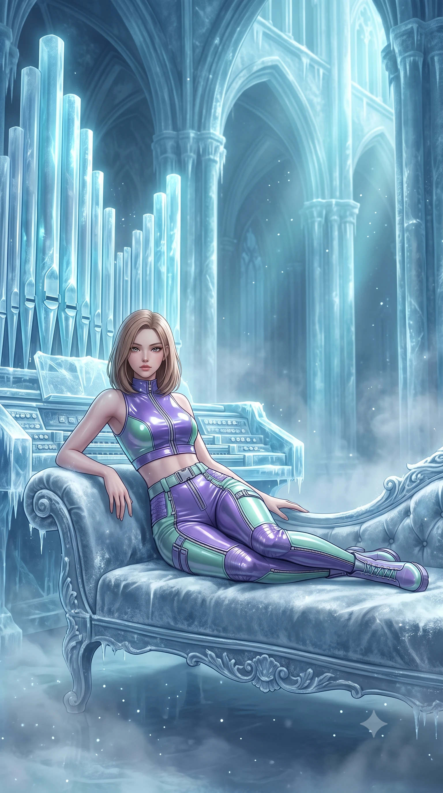 score_9, masterpiece, best quality, ultra-detailed, high-budget anime keyframe, semi-realistic 3D game render, editorial fashion photography, tasteful artistic composition, Korean woman. low angle full-body shot from head to toe showing her feet, filling the entire 9:16 vertical frame with her statuesque presence, stretching her vertical silhouette. lounging on the lavish daybed with legs crossed and hips angled toward the camera, displaying her toned midriff and long slender limbs with effortless siren poise while leaning against the crystalline ice organ console with hips cocked back, gazing out across the frost-dusted auditorium with smoldering bedroom-eyes. The background shows a soft-focus frosty aria breath mist softened in glacial opera house cathedral shallow focus. She has an exceptionally tall and slender model-like 8.5-heads proportion, an ultra-slim waist, a flat toned midriff, narrow delicate ribcage, and beautifully sculpted feminine hips creating a graceful, slim hourglass silhouette without any bulky heaviness, with impossibly long slender legs. sharp v-shaped jawline, high-bridge nose, intricate jewel-like sparkling eyes with depth, thick eyelashes, glossy parted lips with a natural peach sheen, bright cheerful beaming smile with an enchanting and coquettish sensual glint, exuding both youthful cute charm and seductive allure, flawlessly proportioned anatomical accuracy, strict slender model proportions, natural body alignment, perfectly sculpted long slender limbs, ultra-slim waistline, clean dynamic posture without body distortion. wearing a glossy vinyl crop top and high-waist tailored leggings with sleek chrome zippers and exposed midriff in phosphorescent ultraviolet amethyst and mint green, made of fluid liquid jersey with seamless sculpting hold and smooth contours, accented with an open-back drape framed by falling strands of delicate chrome chains, the high-slit wrap tailoring accentuating her ultra-slim waistline and the enchanting curve of her feminine hips with alluring seductive charm. illuminated by polished ice stage reflection bounce and sharp cyan-silver rim lights sculpting her jawline, narrow waist, and curvy hips. highly saturated vibrant anime colors, detailed shading with soft gradients, rich glossy textures, high-contrast stereoscopic depth, volumetric dynamic lighting, master piece, 9:16 ratio