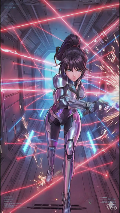 Cinematic anime action sequence. The girl in the silver tech-armor from the reference image is dashing through a futuristic corridor filled with crisscrossing red laser beams. Her energy blade glows brilliantly, leaving blue light trails as she moves