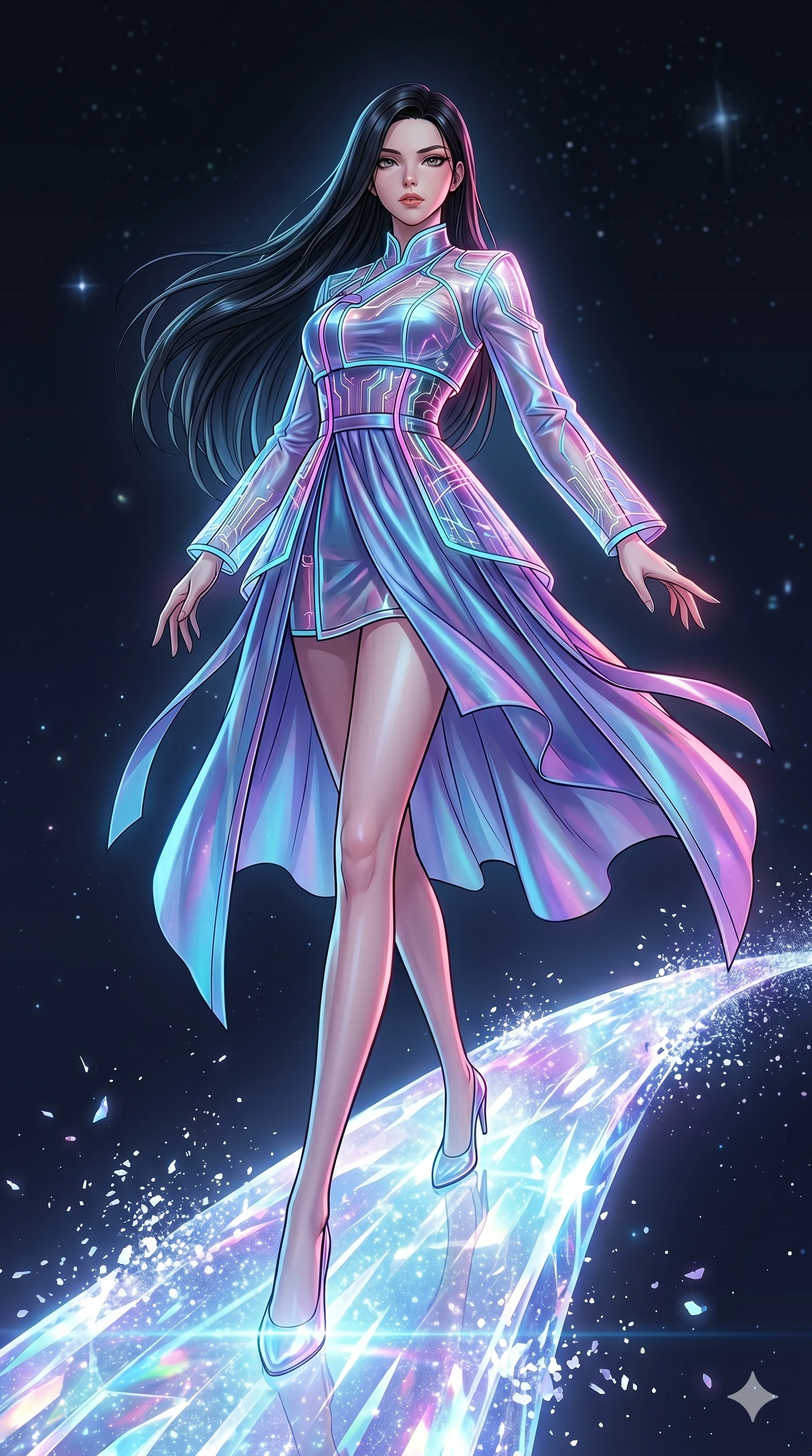 score_9, masterpiece, best quality, ultra-detailed, high-budget anime movie keyframe, cinematic anime lighting, intricate line art, Japanese woman. Dynamic full-body shot stretching the vertical silhouette with extreme perspective. standing on a bridge of light as it slowly dissolves into the air. She has an absolutely perfect 8-heads proportion, an exceptionally tall and slender female figure with an ultra-slim waist and impossibly long slender legs. strictly human anatomy, two legs only, no extra limbs, clearly defined legs and arms, perfect anatomy, perfect hands and fingers. sharp v-shaped jawline, high-bridge nose, intricate jewel-like eyes, thick eyelashes, glossy lips. Wearing Modern Traditional: Shortened cyber-hanbok with fusion silk robes and transparent panels. The scene is illuminated by dramatic atmospheric lighting and vibrant color palettes. , 2k, ultra detail, master piece, 9:16 ratio