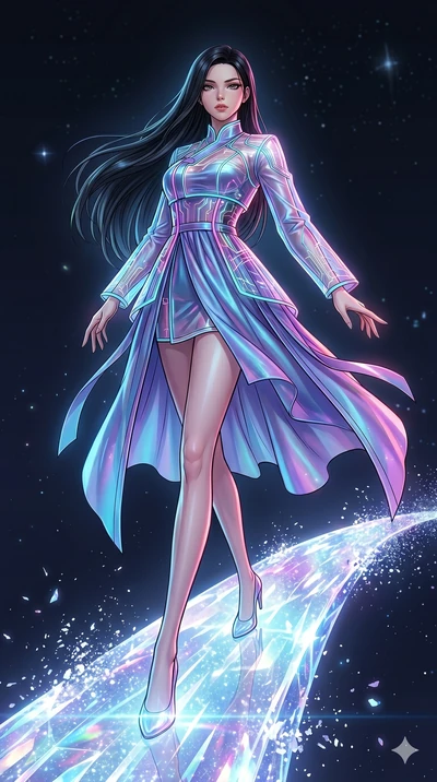score_9, masterpiece, best quality, ultra-detailed, high-budget anime movie keyframe, cinematic anime lighting, intricate line art, Japanese woman. Dynamic full-body shot stretching the vertical silhouette with extreme perspective. standing on a brid