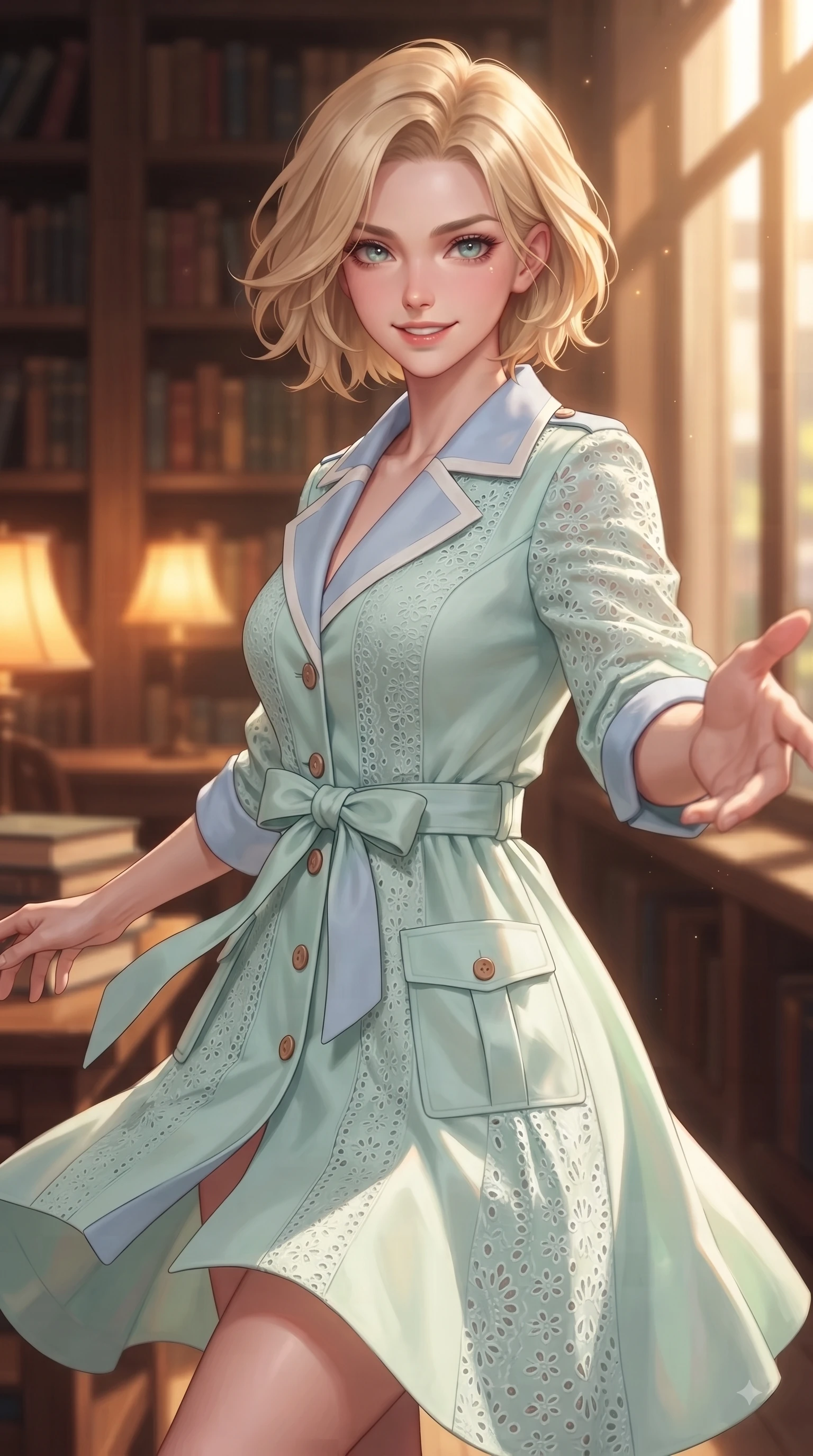 score_9, masterpiece, best quality, ultra-detailed, high-budget anime keyframe, editorial fashion photography, tasteful artistic composition, Caucasian woman. close-up cowboy shot from the waist and thighs up, the character dominates the composition, filling the frame with her large presence. Fresh enchanting smile, her eyes twinkling like jewels in the bright sunlight as one arm reaches out cheerfully while pivoting dynamically in a quiet library nook with a sweet, intelligent smile and sparkling eyes. The composition keeps background elements in soft focus with dreamy bokeh. warm oak book stacks and glowing amber lamps blurred into cozy, creamy background bokeh. She has an exceptionally elegant, slender, and willowy female figure with an ultra-slim waist, a gracefully sculpted slender torso, and a refined silhouette. sharp v-shaped jawline, high-bridge nose, intricate jewel-like eyes with depth, thick eyelashes, glossy lips with a natural sheen, flawlessly proportioned anatomical accuracy, natural body alignment, perfectly sculpted elegant limbs, clean dynamic posture without body distortion. wearing a stylish pastel mint trench dress with a tied belt waist and folded collar in baby blue and cloud white, woven with delicate eyelet lace and soft cotton, finished with neat front wooden buttons and pocket details, the soft airy drape swaying gracefully with her dynamic movements. bathed in warm golden sunlight streaming through clean glass cafe windows. ultra-reflective glossy finish, specular highlights, metallic sheen, high-contrast stereoscopic depth, volumetric dynamic lighting, 2k, ultra detail, master piece, 9:16 ratio