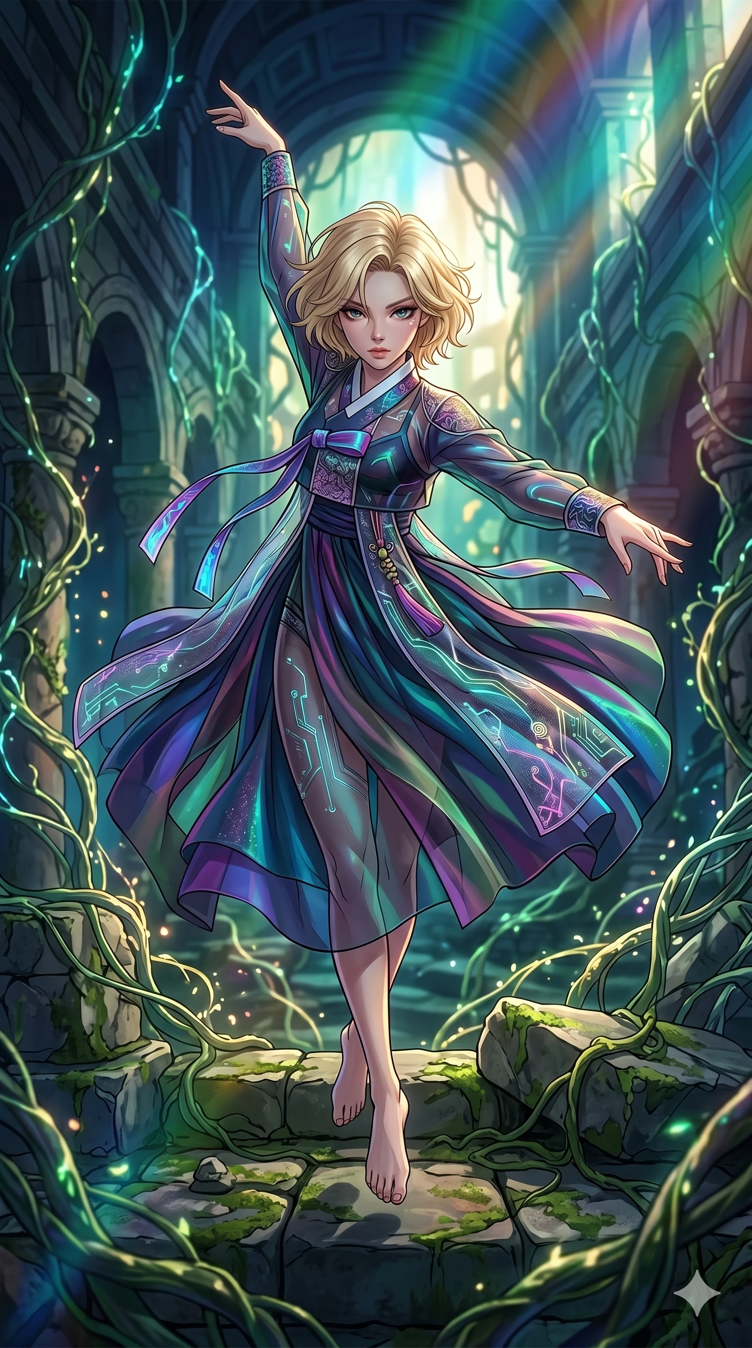score_9, masterpiece, best quality, ultra-detailed, high-budget anime movie keyframe, cinematic anime lighting, intricate line art, Japanese woman. Extreme high angle shot as she leaps towards the camera, filling the frame. dancing in a ruin where the vines grow and retreat with her steps. She has an absolutely perfect 8-heads proportion, an exceptionally tall and slender female figure with graceful and slender proportions. strictly human anatomy, two legs only, no extra limbs, clearly defined legs and arms, perfect anatomy, perfect hands and fingers. sharp v-shaped jawline, high-bridge nose, intricate jewel-like eyes, thick eyelashes, glossy lips. Wearing Modern Traditional: Shortened cyber-hanbok with fusion silk robes and transparent panels. The scene is illuminated by dramatic atmospheric lighting and vibrant color palettes. , 2k, ultra detail, master piece, 9:16 ratio