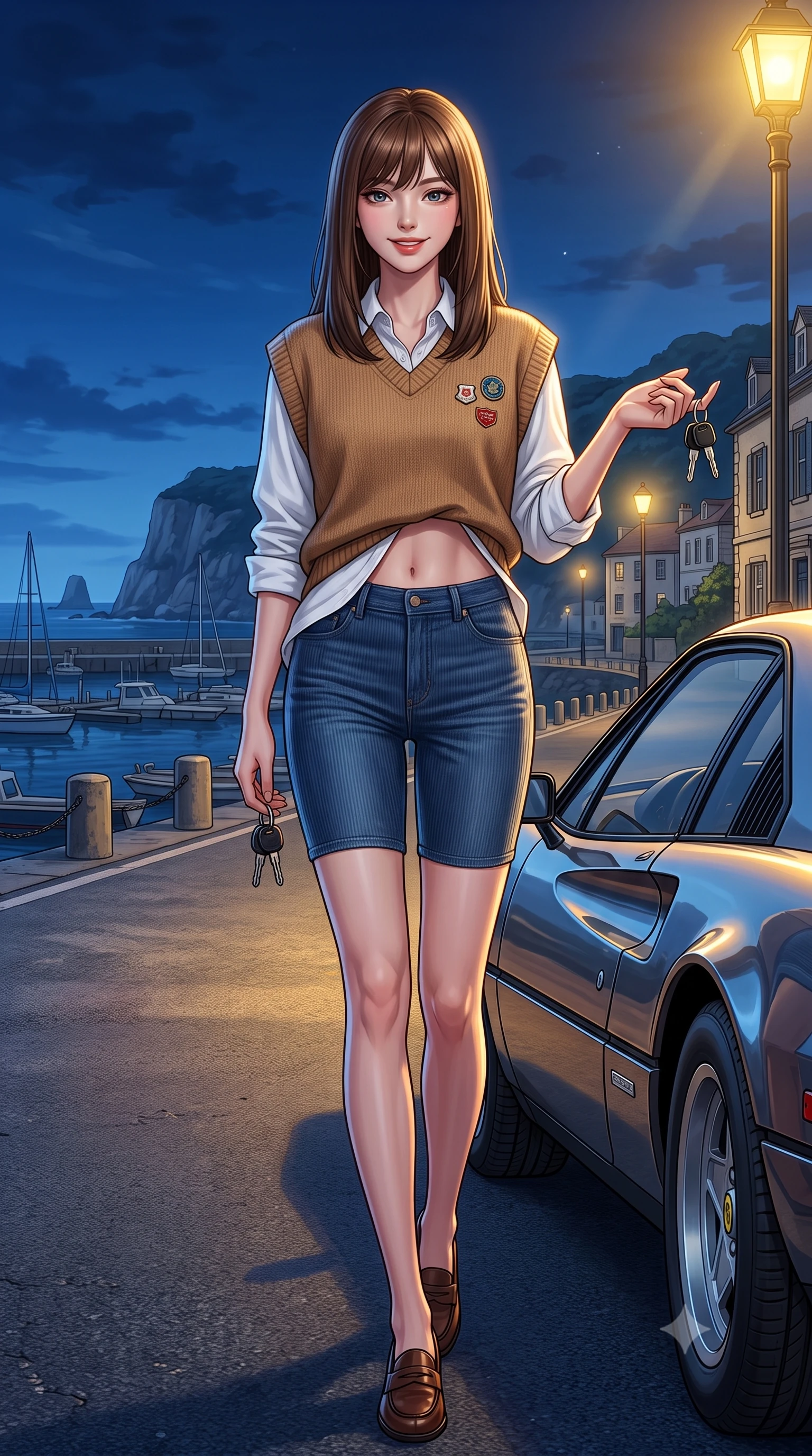 score_9, masterpiece, best quality, ultra-detailed, high-budget anime keyframe, semi-realistic 3D game render, editorial fashion photography, tasteful artistic composition, Korean woman. low angle full-body shot from head to toe showing her feet, filling the entire 9:16 vertical frame with her statuesque presence, stretching her vertical silhouette. stepping forward gracefully in mid-motion, displaying her toned flat midriff and flawlessly sculpted slender limbs while pivoting dynamically beside the car door with keys swinging from her finger and a confident, carefree retro smile. The surrounding environment is rendered in vivid detail and crisp panoramic clarity. high-contrast midnight coastal chiaroscuro and classic 80s grand touring romance in precision. She has an absolutely perfect, statuesque 8.5-heads proportion, an exceptionally tall and slender model-like female figure with impossibly long slender legs, a toned flat midriff, and an ultra-slim waist. sharp v-shaped jawline, high-bridge nose, intricate jewel-like eyes with depth, thick eyelashes, glossy lips with a natural sheen, captivating and magnetic expression, flawlessly proportioned anatomical accuracy, strict slender model proportions, natural body alignment, perfectly sculpted long slender limbs, ultra-slim waistline, clean dynamic posture without body distortion. wearing an oversized 90s knit sweater vest worn over a crisp white boyfriend shirt and cycling shorts in vintage camel brown and washed indigo denim, tailored from soft fine-wale corduroy with rich velvety texture, finished with retro enamel varsity pins and classic leather loafers, the precision-cut daring openings accentuating her delicate midriff, graceful bare collarbones, and ultra-slim feminine waistline. bathed in warm yellow streetlamp illumination and cool blue midnight sky ambient fill. highly saturated vibrant anime colors, detailed shading with soft gradients, rich glossy textures, high-contrast stereoscopic depth, volumetric dynamic lighting, master piece, 9:16 ratio