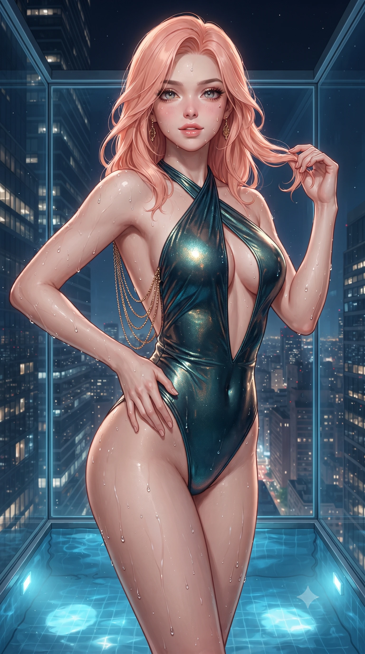 score_9, masterpiece, best quality, ultra-detailed, high-budget anime keyframe, editorial fashion photography, tasteful artistic composition, Japanese woman. close-up cowboy shot from the waist and thighs up, the character dominates the composition, filling the frame with her large presence. twisting her slender torso in an alluring contrapposto stance, one hand resting on her sculpted hip while her fingers toy with her hair with effortless poise while standing centered in the fully transparent glass swimming cube suspended outside the skyscraper, arching her back with breathtaking daring. The surrounding environment is rendered in vivid detail and crisp panoramic clarity: detailed wet-look metallic lamé swimsuit cling, dewy water droplets on skin, and modern skyscraper engineering in high resolution. She has an exceptionally elegant, slender, and willowy female figure with an ultra-slim waist, flat toned midriff, narrow ribcage, and sculpted feminine hips creating an alluring, slim hourglass silhouette without bulk. sharp v-shaped jawline, high-bridge nose, sparkling eyes with hypnotic seductive depth, thick curled eyelashes, glossy parted lips with a natural dewy peach sheen, alluring bedroom-eyes with an enchanting coquettish smile, exuding magnetic siren charisma and sophisticated glamour, flawlessly proportioned anatomical accuracy, strict slender model proportions, natural body alignment, perfectly sculpted long slender limbs, ultra-slim waistline, clean dynamic posture without body distortion. wearing a criss-cross halterneck keyhole bodysuit with open back and sculpted waist darts in deep peacock teal and burnished antique brass, crafted from wet-look high-gloss vinyl fabric with dazzling specular surface reflections, accented with an open-back drape framed by falling strands of delicate gold chains, the second-skin tailored fabric adhering flawlessly to her sculpted flat midriff and slender torso, emphasizing her long leg lines and perfectly proportioned willowy build. bathed in crisp underwater pool lighting paired with upward metropolitan light pollution fill. ultra-reflective glossy finish, specular highlights, rich textural contrasts, high-contrast stereoscopic depth, volumetric dynamic lighting, 2k, ultra detail, master piece, 9:16 ratio